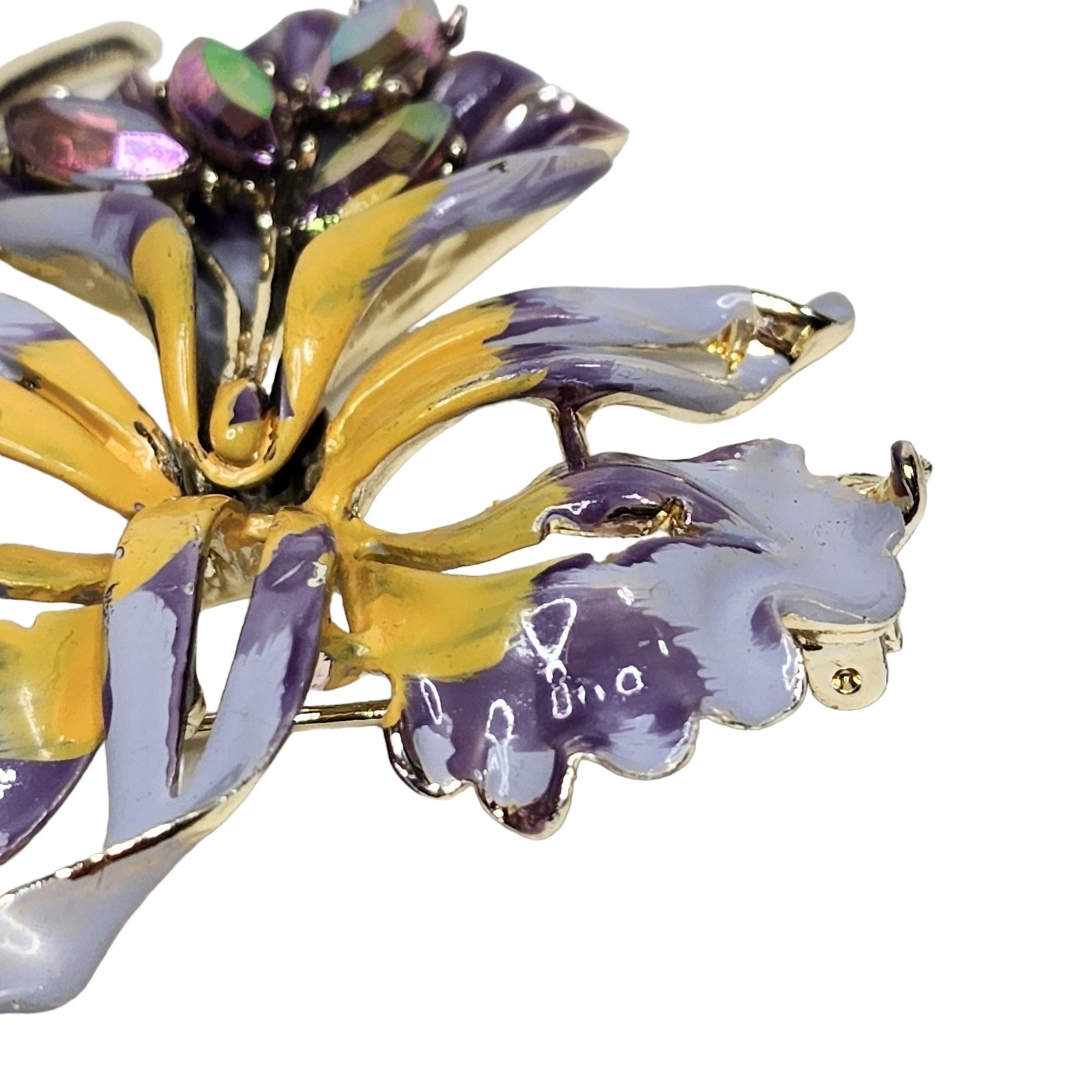 Vintage Signed B.S.K. Orchid Brooch Enamel Glass Crystal Purple Brooch Pin