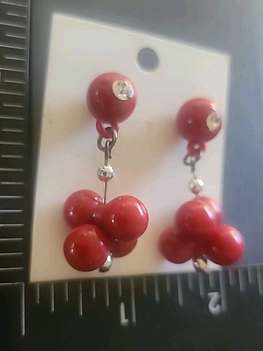Red 60’s Mod Abstract Cherries Drop Earrings Crystals 2″ 80’s