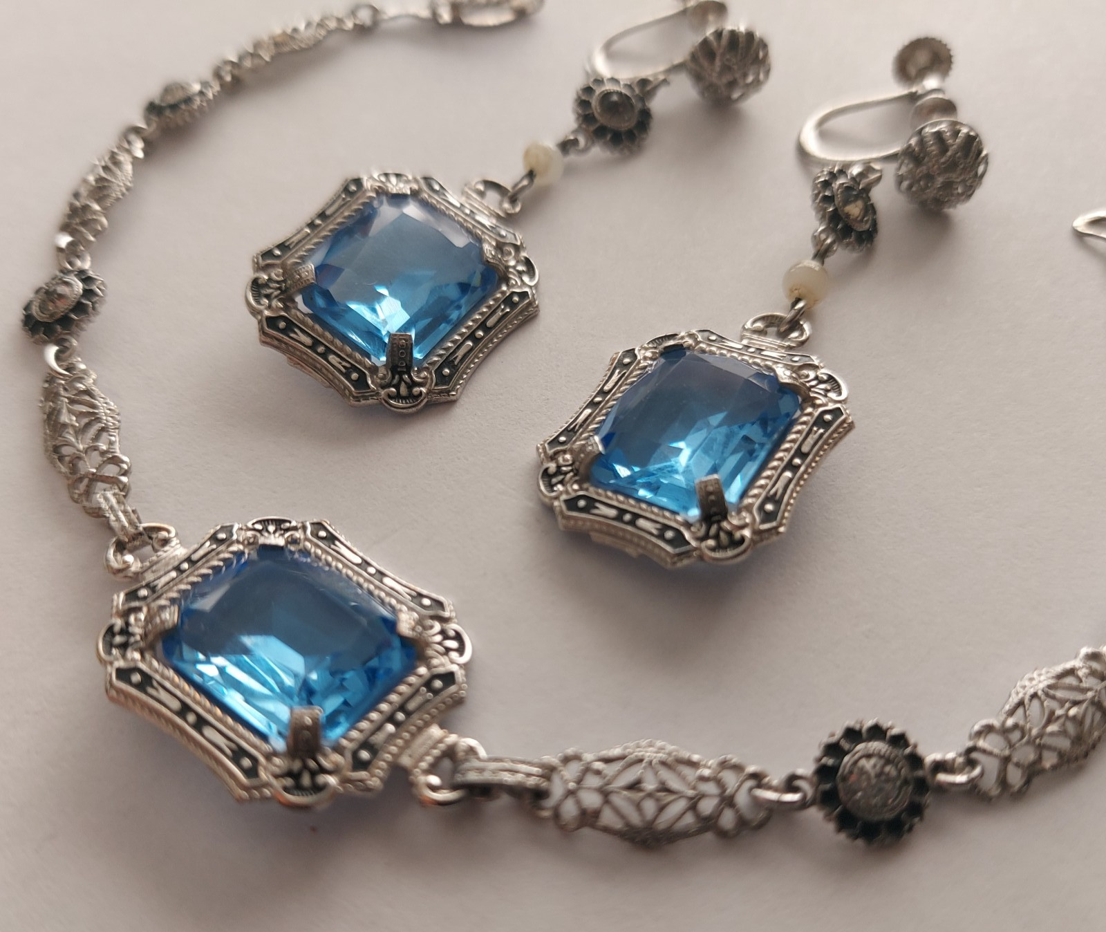 Antique Art Deco Blue Faceted Glass Ornate Filigree Bracelet & Earrings Set