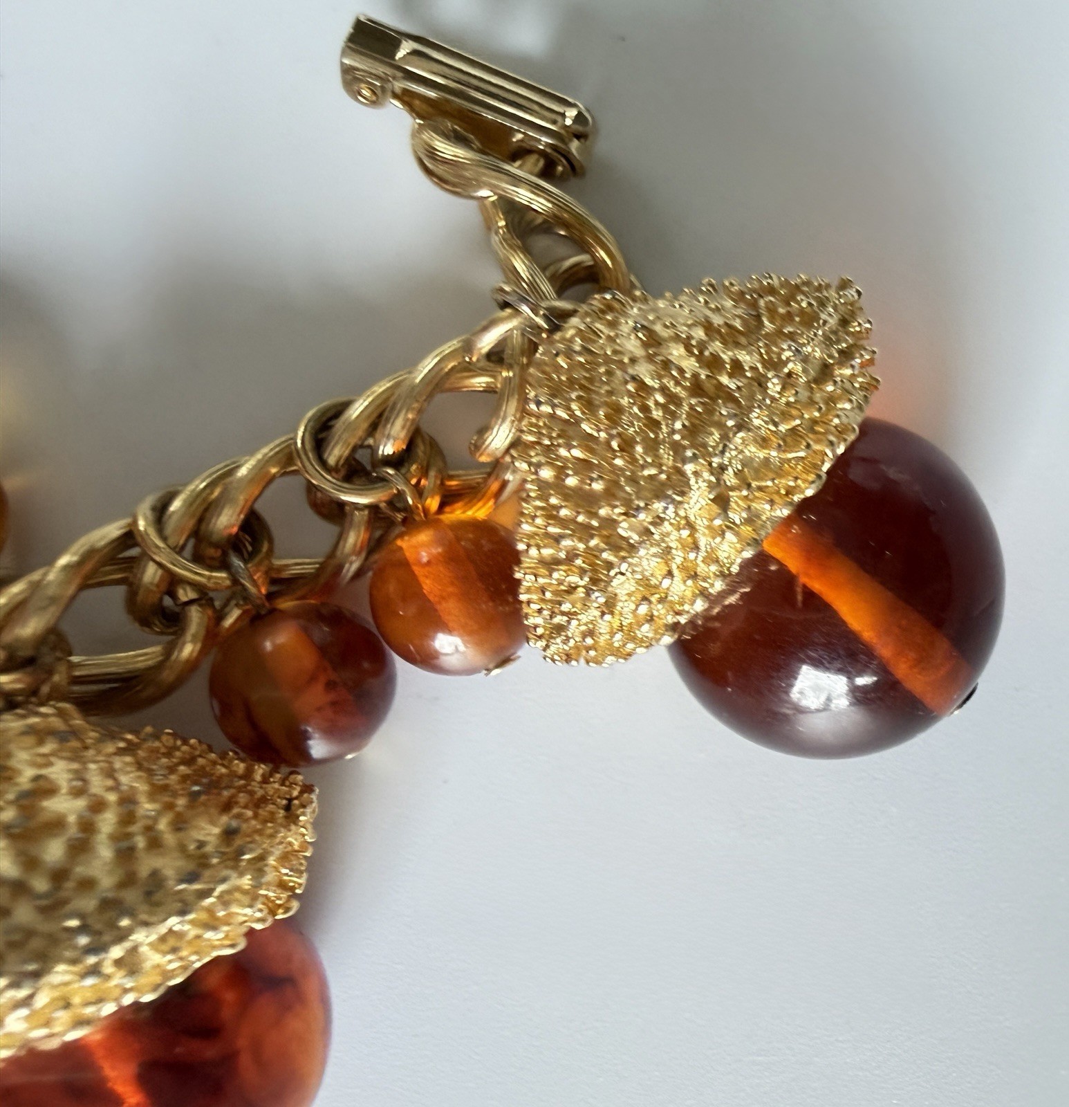 Vintage MCM Chunky Acorn Charm Bracelet Oversized Amber Glass Style Lucite Gold