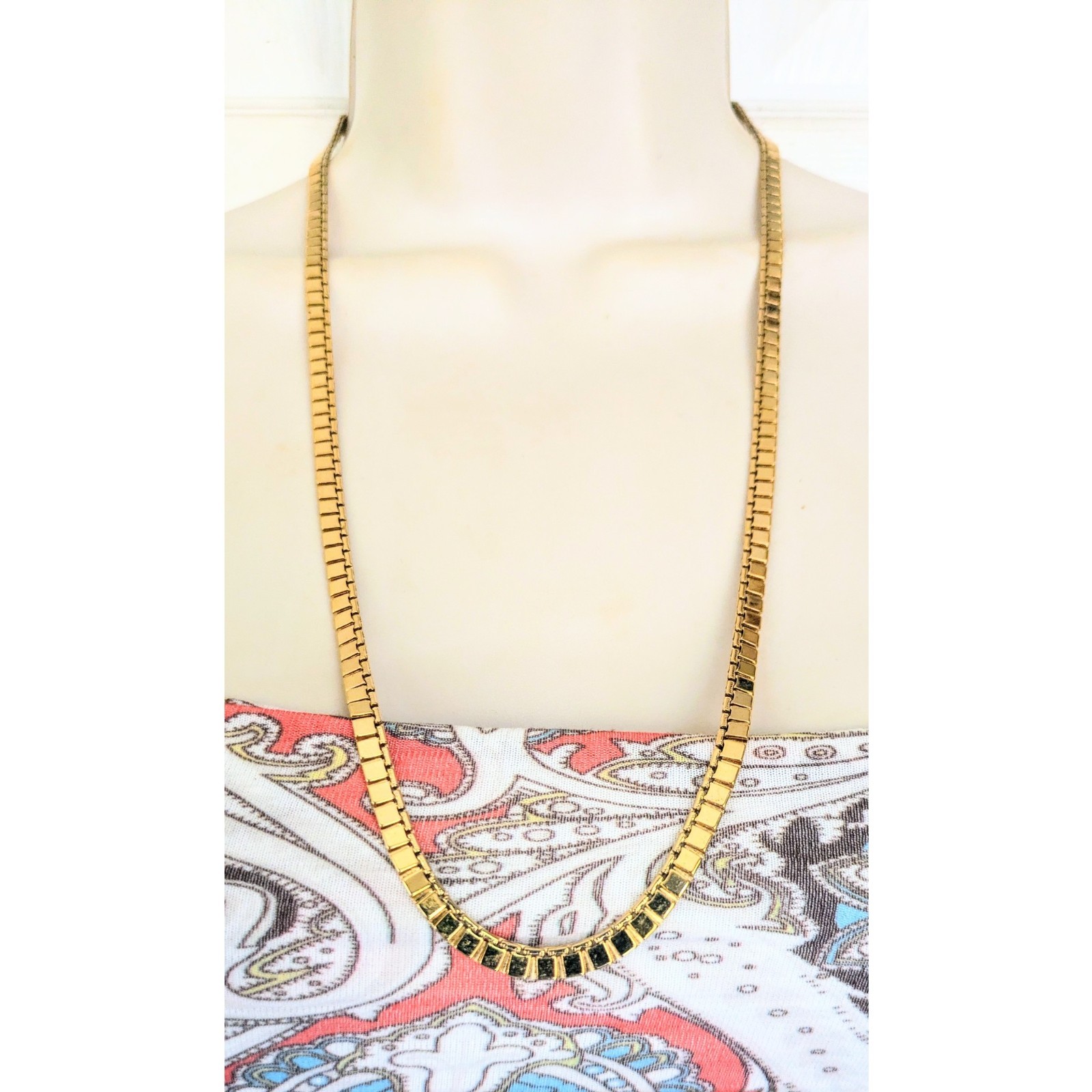 70s Vintage MONET Necklace Gold Plated Flat Square Articulated Link Chain 24″