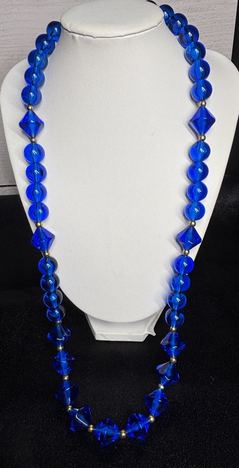 Vintage Blue Lucite Bicone Round Bead Necklace 23” Brass Spacers MCM