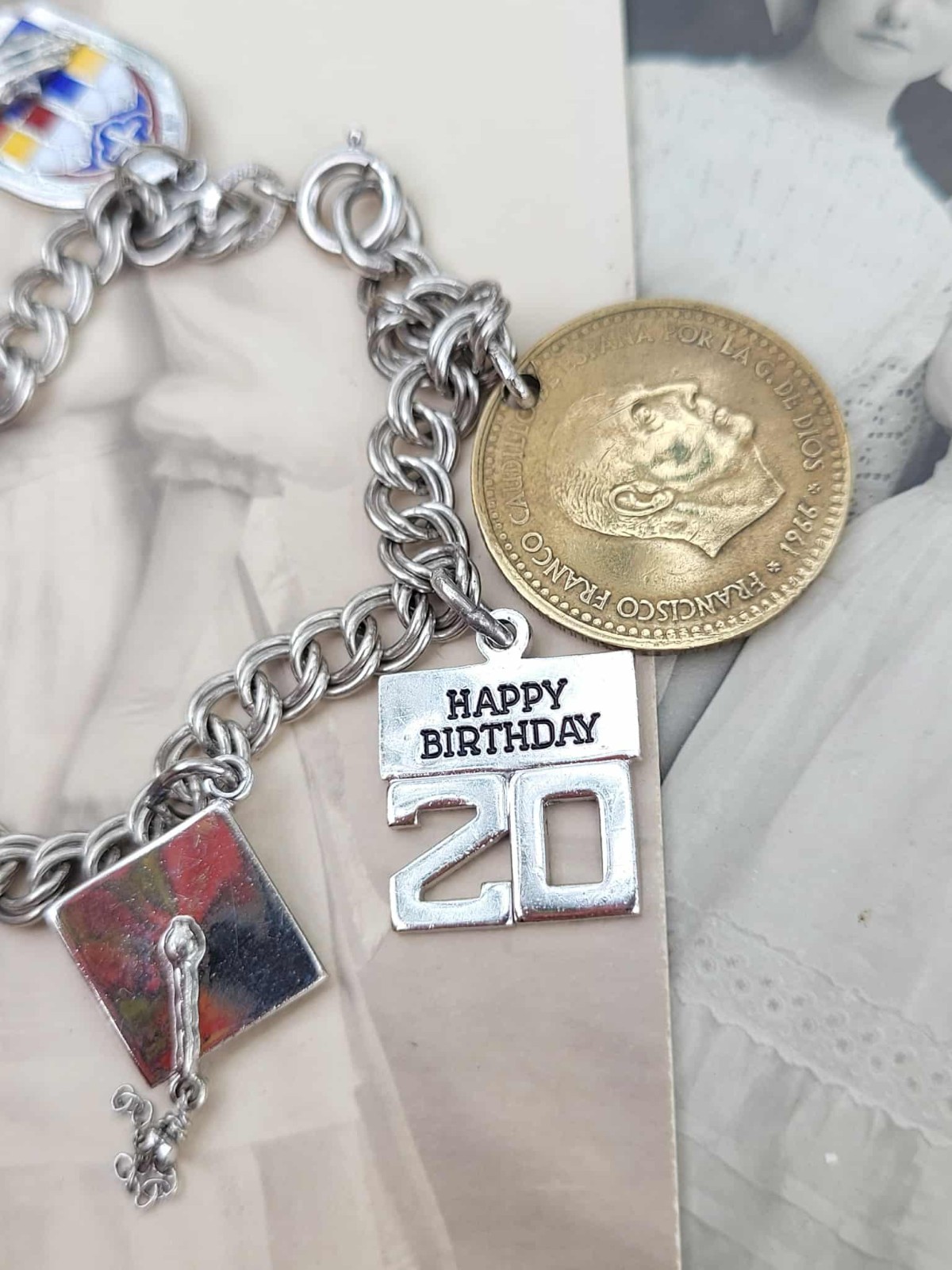 Vintage Sterling Silver Michigan Coins Banjo Grad 7 Charm Bracelet 7″ – 21.4g