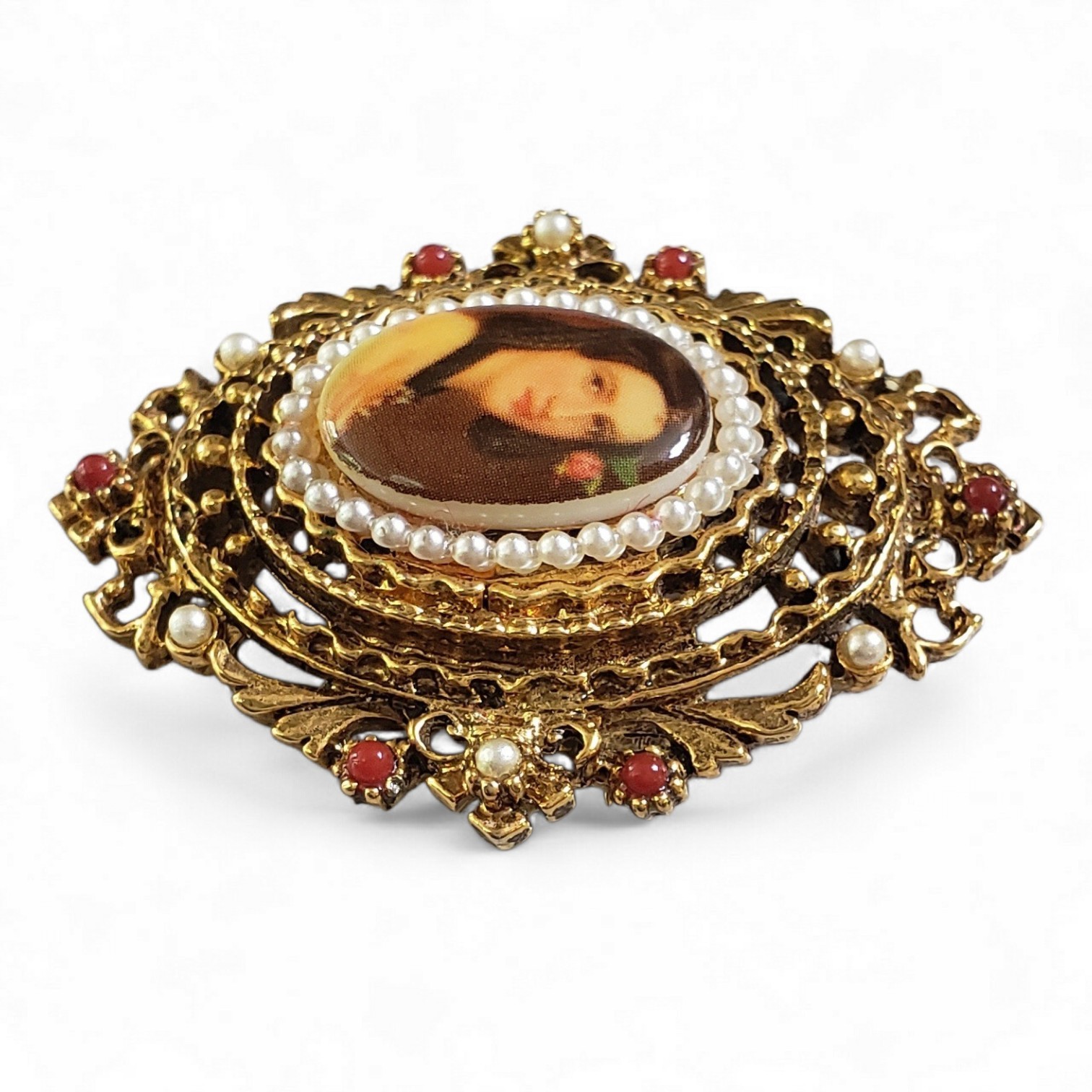 Vintage ART Lady Portrait Brooch Victorian Revival Filigree Pearls