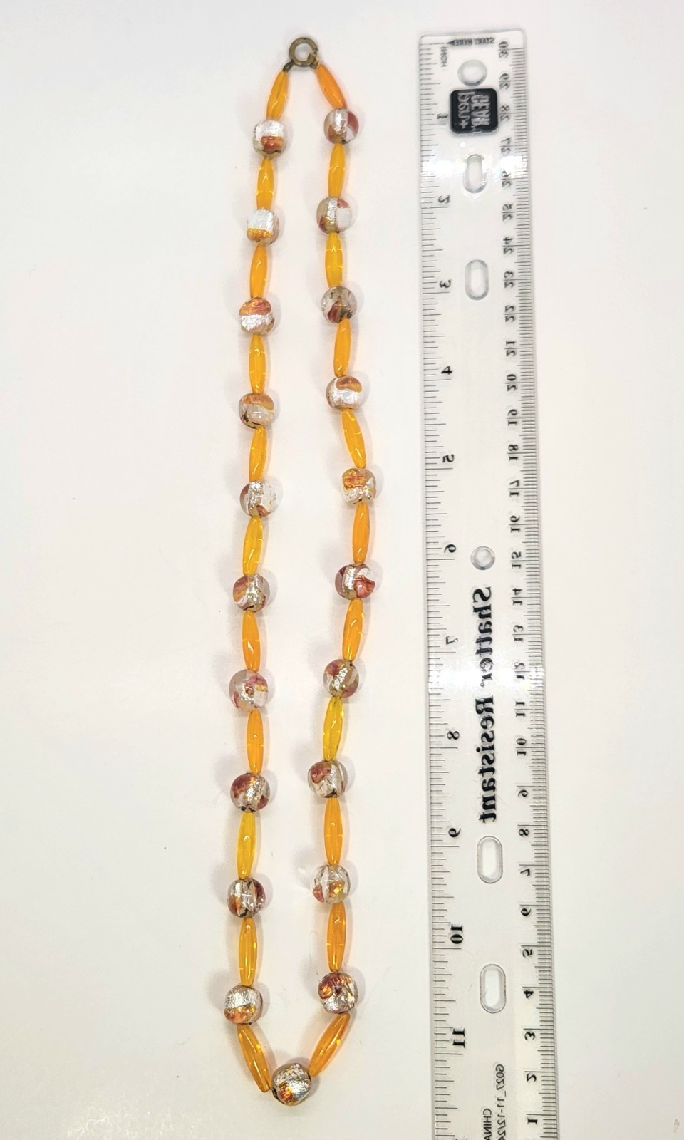 Art Glass Foil Bead Necklace Orange Silver Vtg Czech 23 Inch Oblong & Round