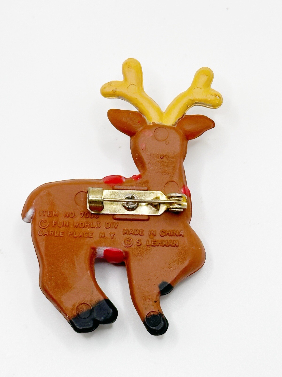 Vintage Christmas Holiday S Lehman Fun World Happy REINDEER Brooch Pin 2.5″