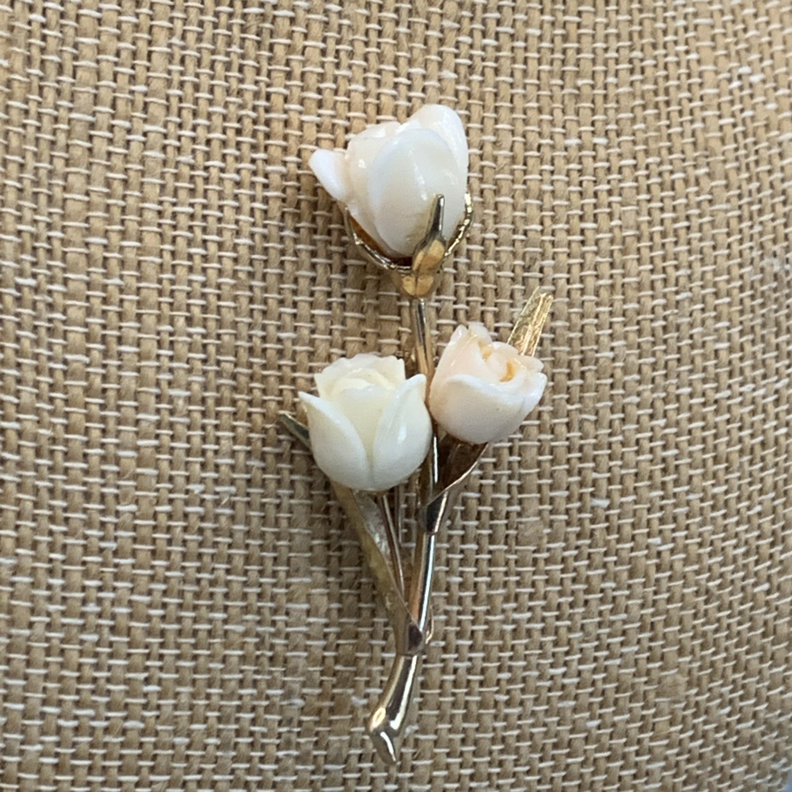 Vtg Masaniello 14k Gold & Carved Angel Skin Rose Pin Brooch. 11.38g, 2.4”x1.1”