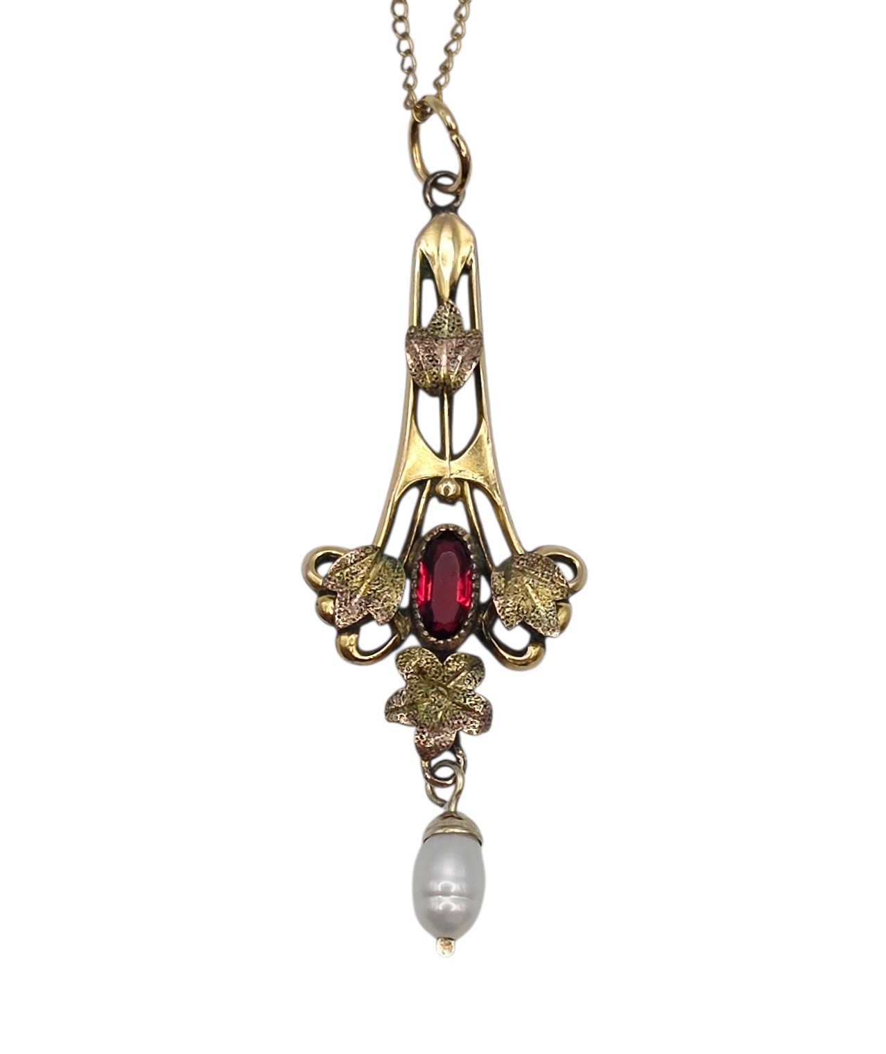 Antique Art Nouveau Lavalier Pendant Necklace Gold Filled Red Stone Pearl