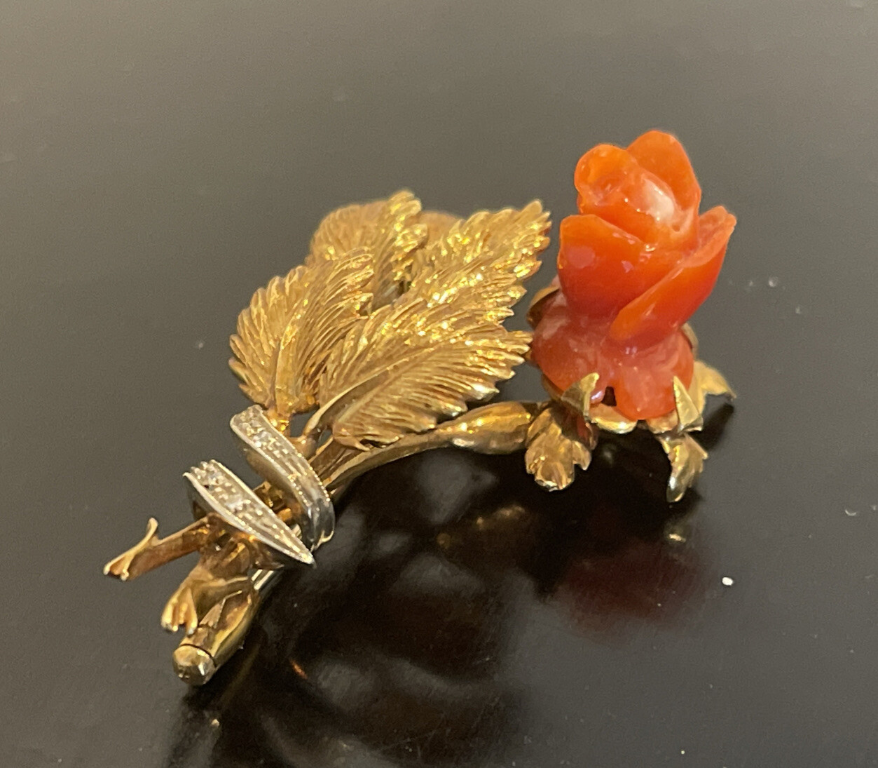 18K Solid Yellow White Gold Viennese Coral Carved Rose 1.75” Long 10.43g