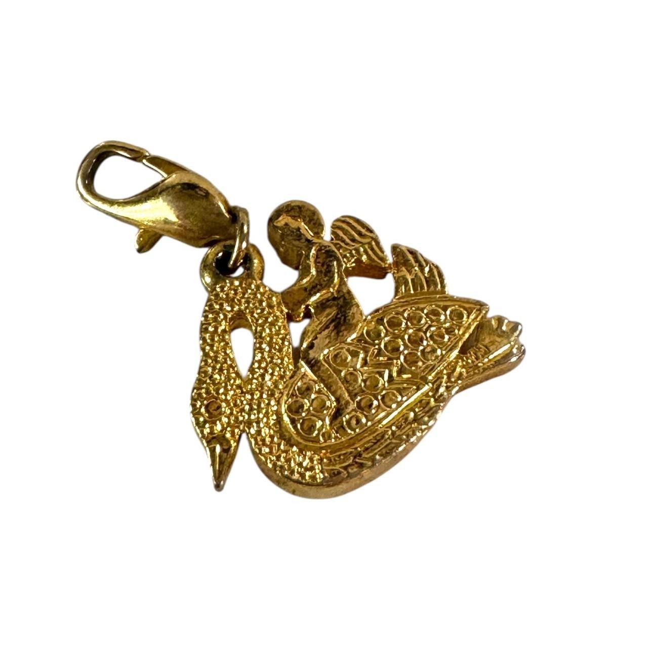 Vintage gold tone Charm Lobster Claw Clasp Cherub Riding Swan .75” Rhinestone