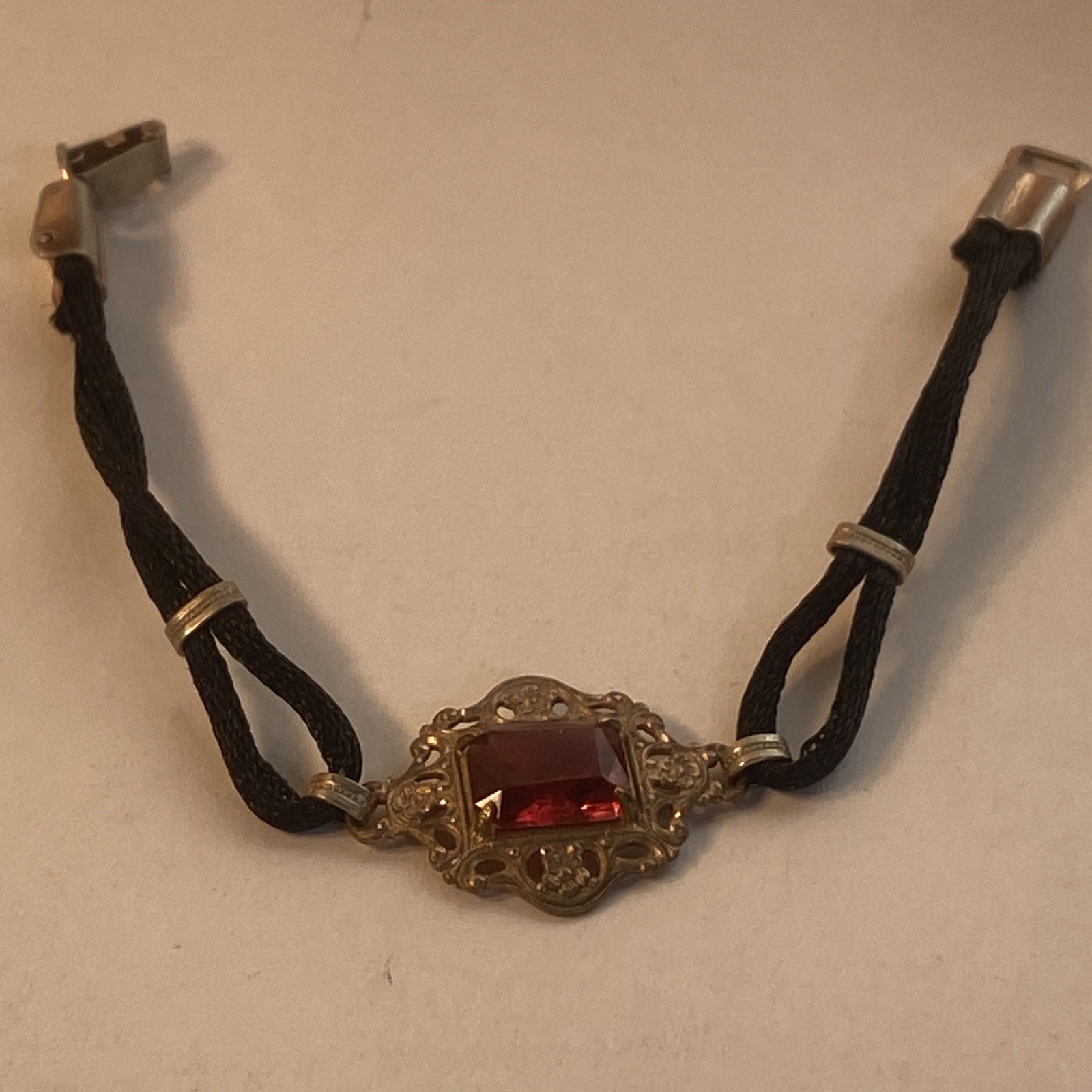 Vintage Bracelet Black Cord W/Gold Tone & Red Stone Small