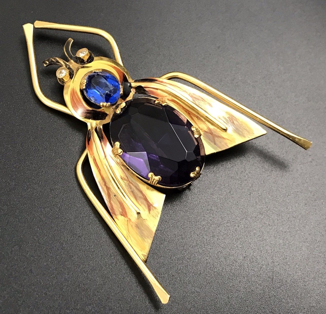 VTG Coro Sterling Silver Purple & Blue Crystals Enamel Fly Insect Brooch Pin #46