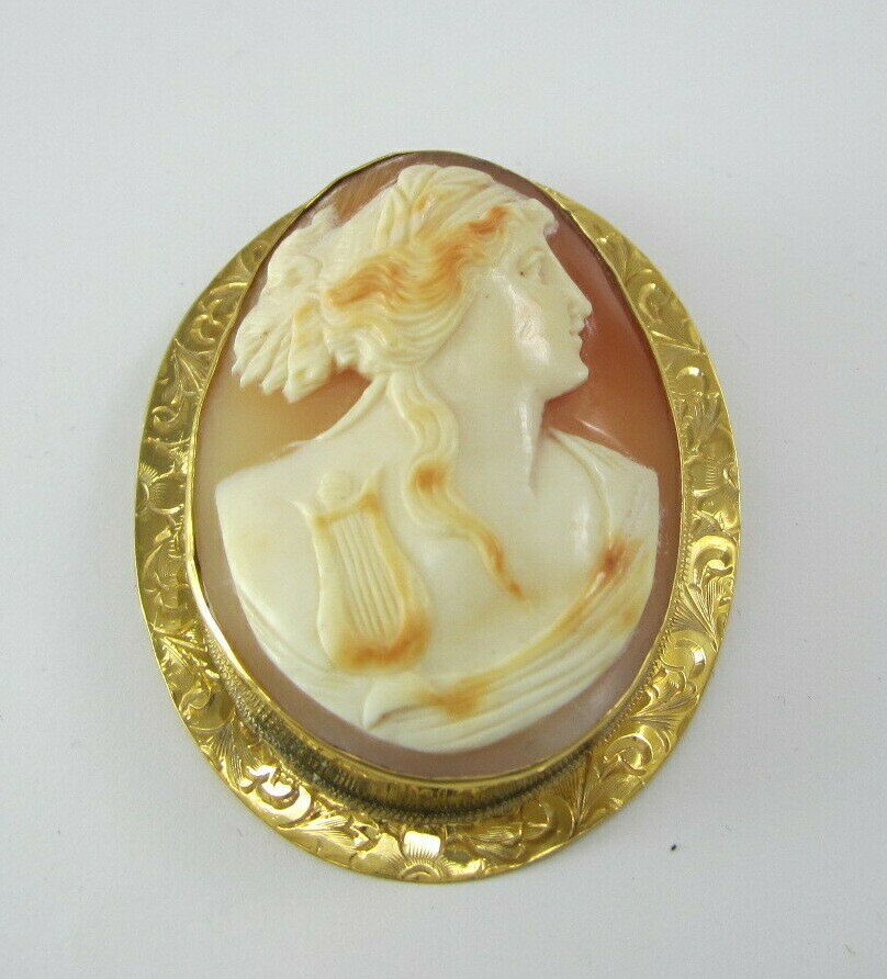 BEAUTIFUL LADIES 10K YELLOW GOLD LARGE ORANGE CREAM CAMEO BROOCH/PIN 15.3G