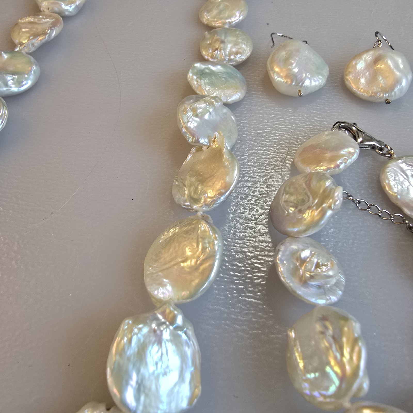 BBJ Parure Sterling Silver Flat Keshi Freshwater Pearl HSN Necklace Earrings Brl