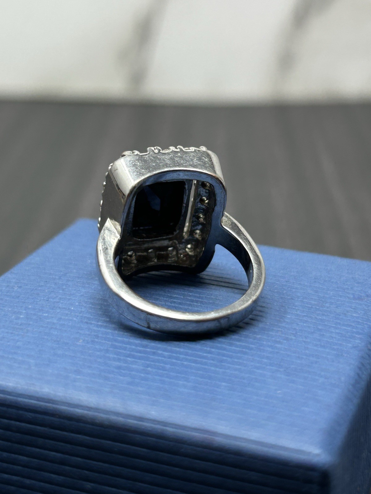 Vintage Signed Emerald Cut Black Stone Halo Style Ring 5.75