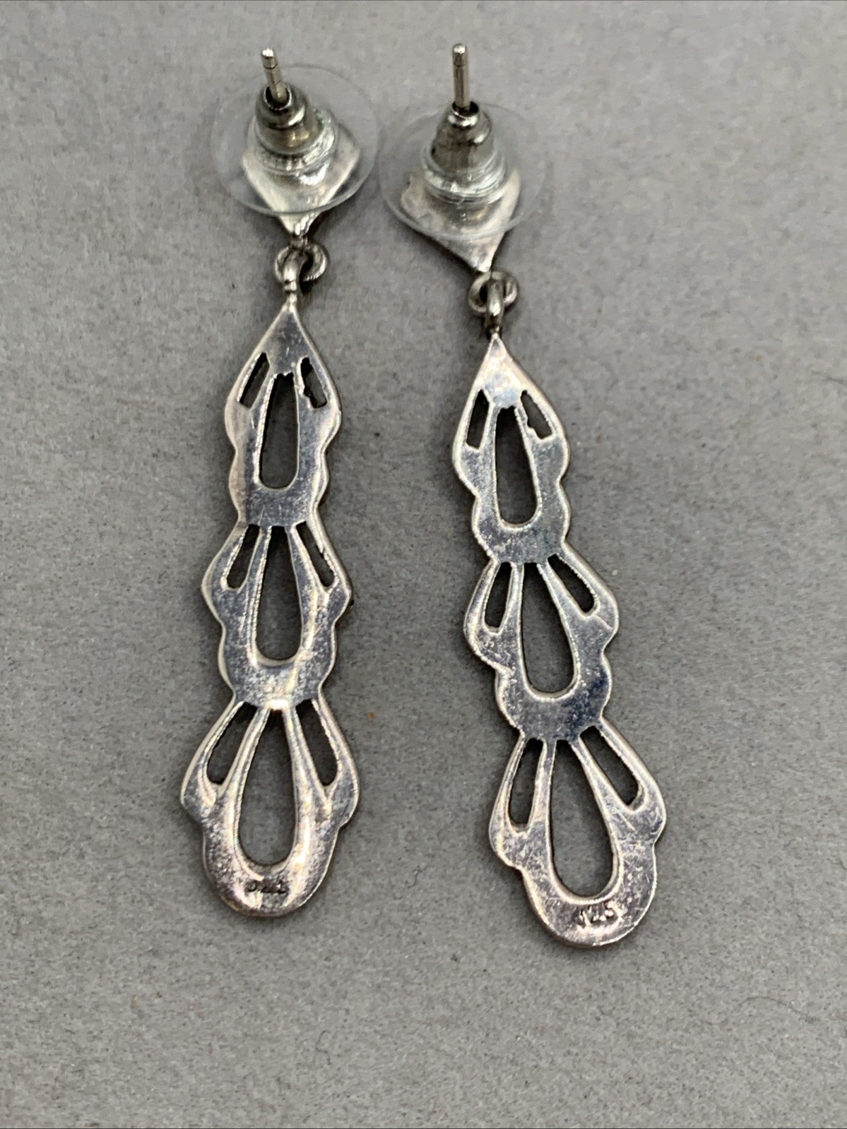 Vintage Sterling Silver Marcasite Filigree Dangle Drop Post Earrings