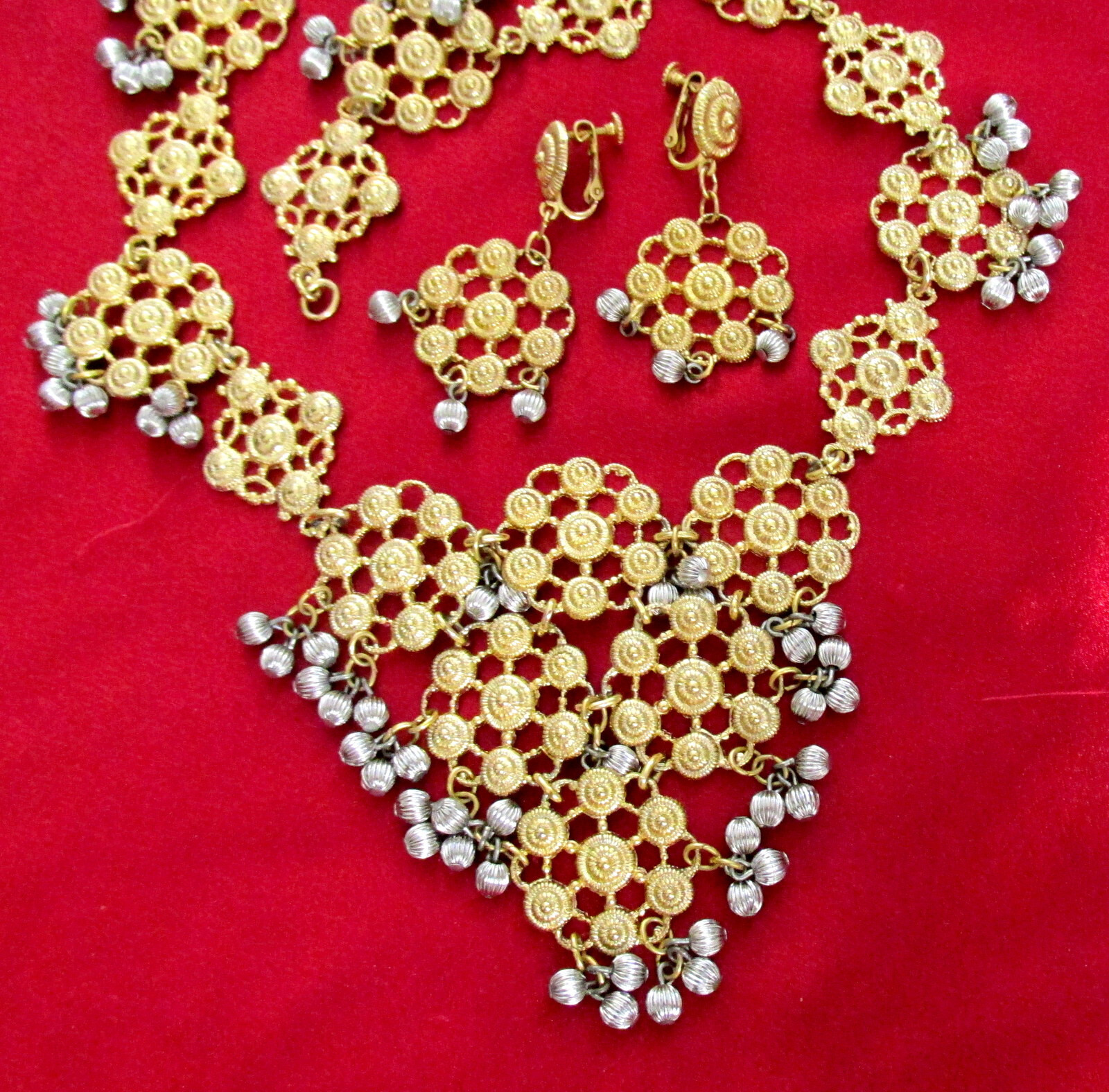 VTG Rare 70s Runway GP/Silver NAPIER Cannetille Filigree BIB NECKLACE EARRINGS