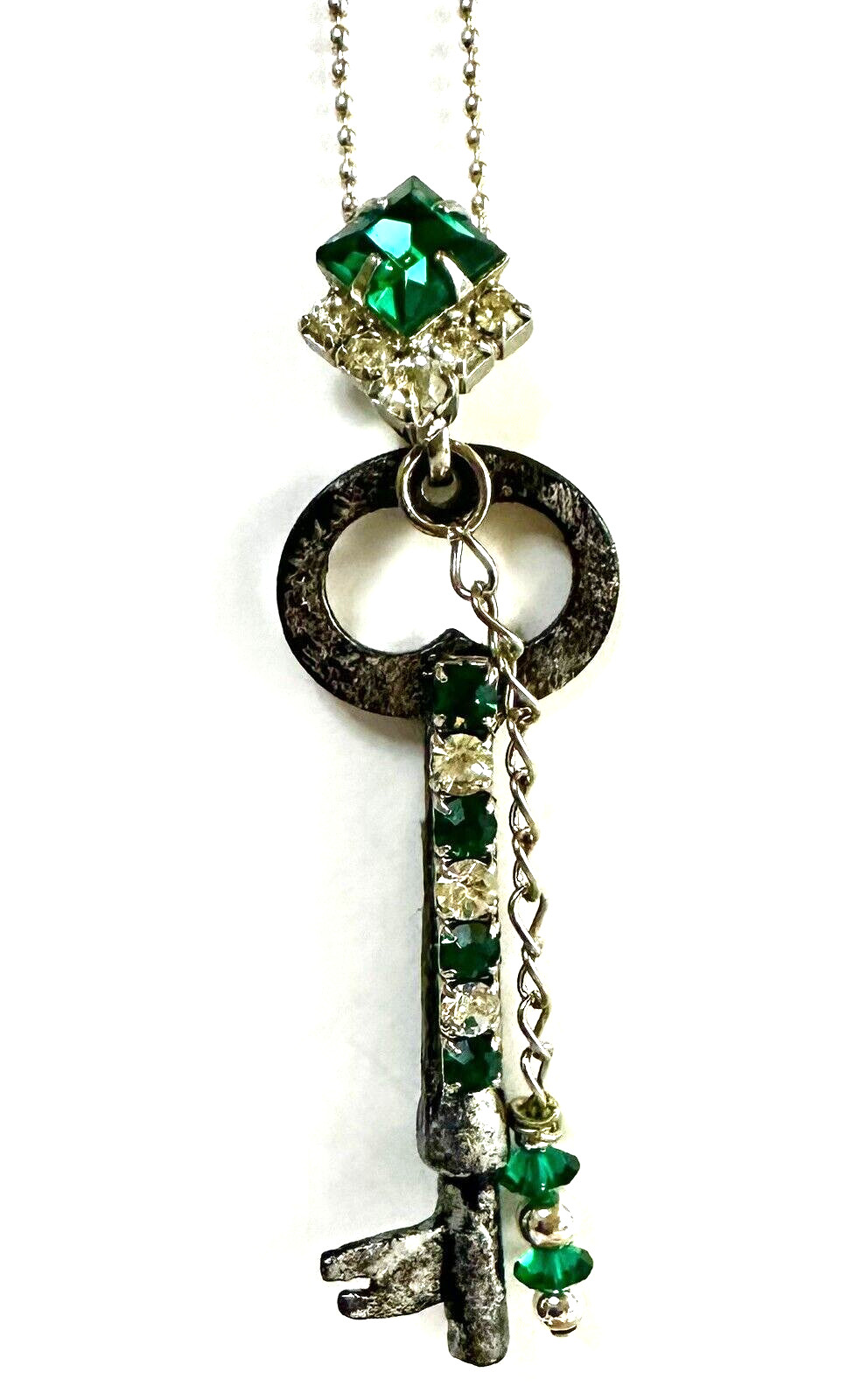 Vintage Key Necklace with Green Stones & Chain Included Newly Made by Artist