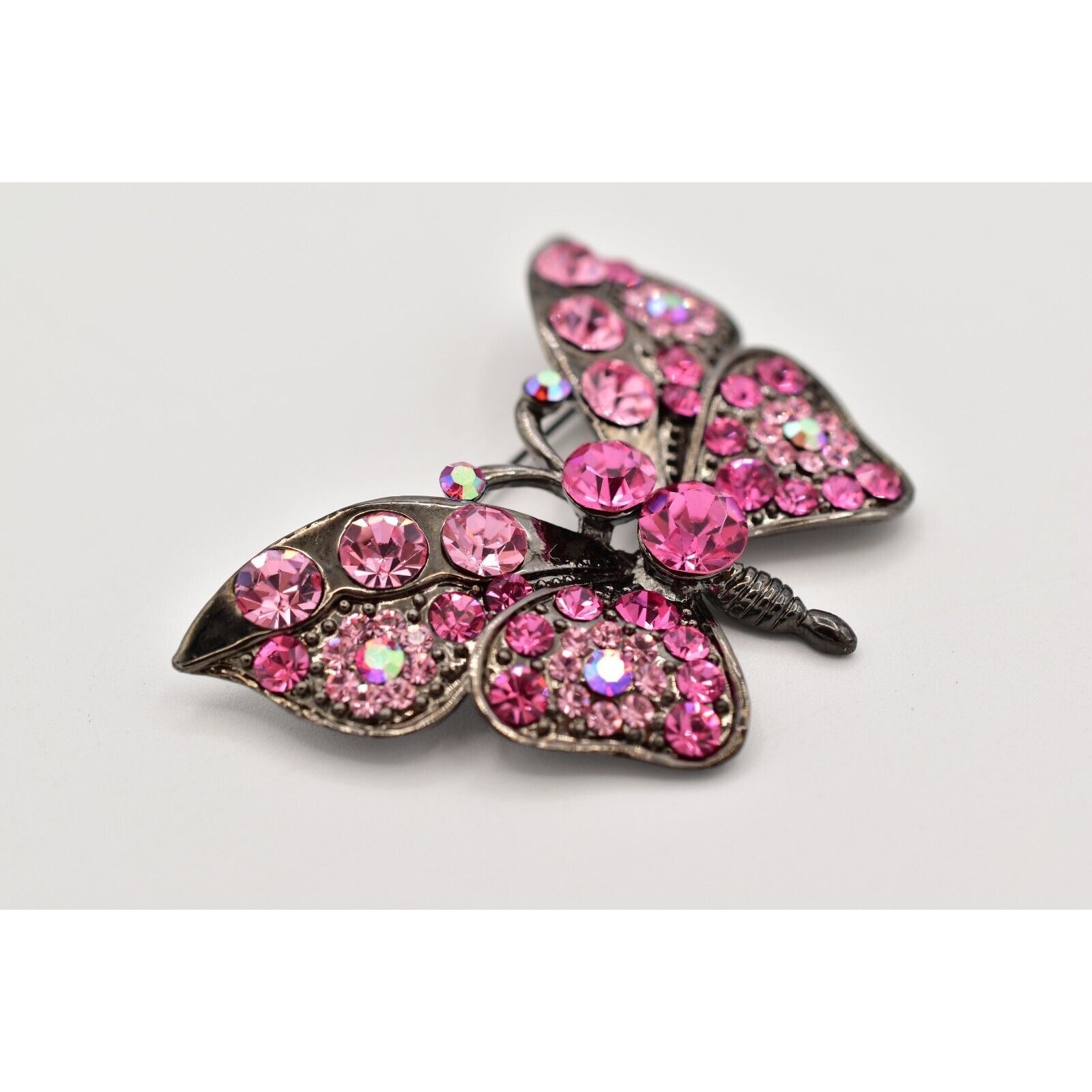 Vintage Crystal Butterfly Pin Brooch Pink Rhinestone Gunmetal Sparkling 90s Bin4