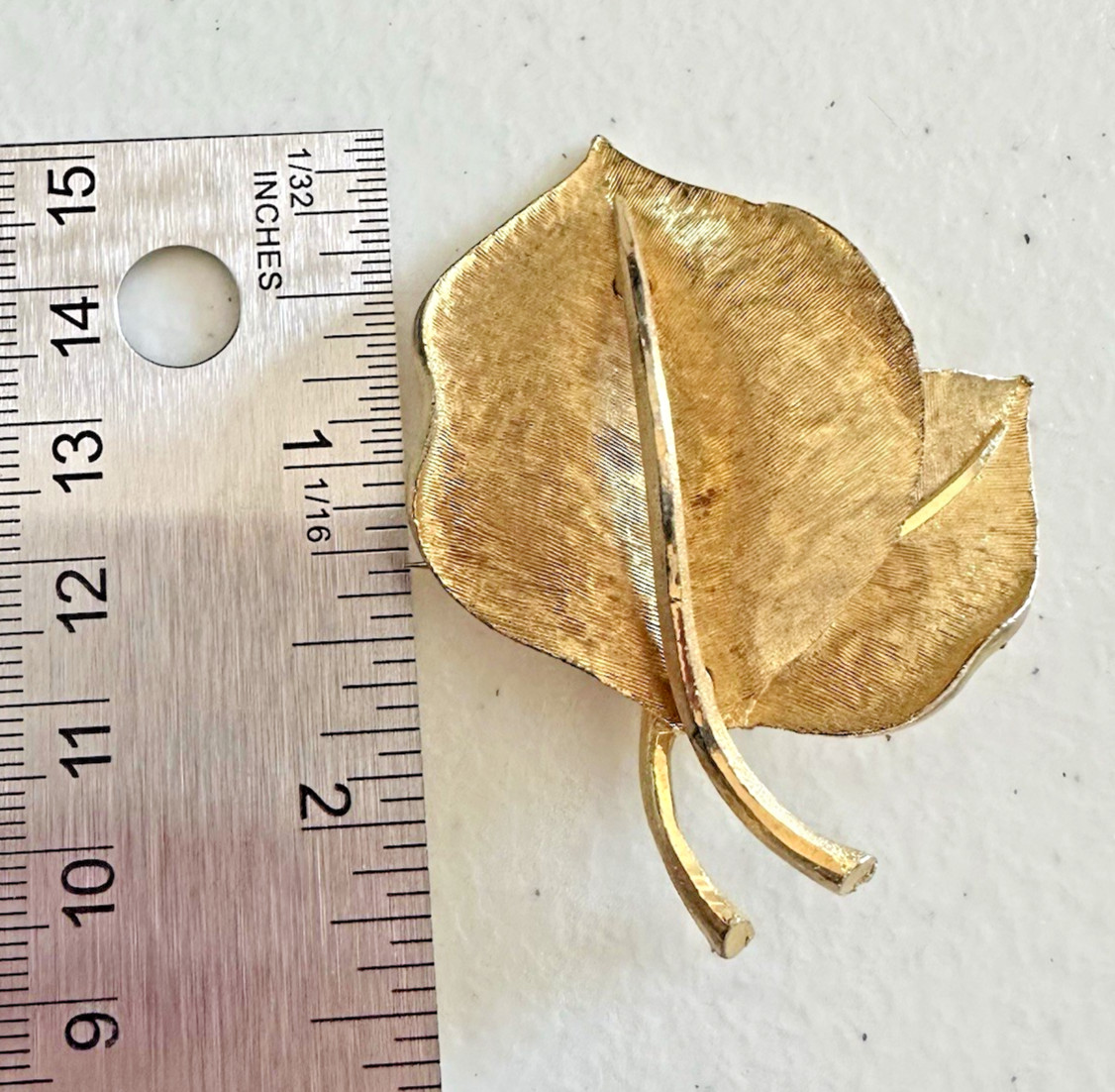 Vintage BSK Gold Tone Leaf Brooch Signed Textured Nature Pin