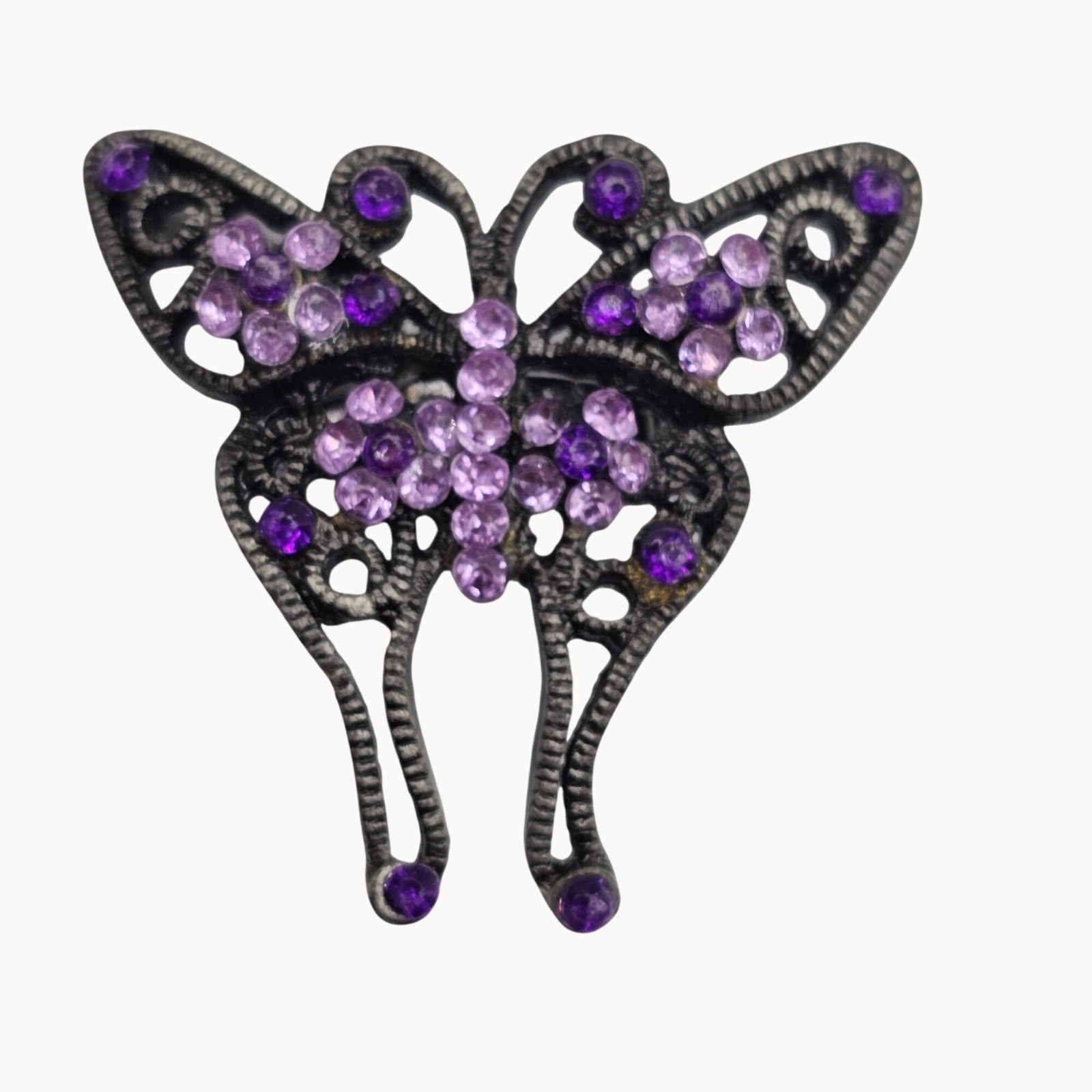 Rhinestone Floral Butterfly Brooch Pin Set 3pc Purple Pink Gunmetal Whimsigoth