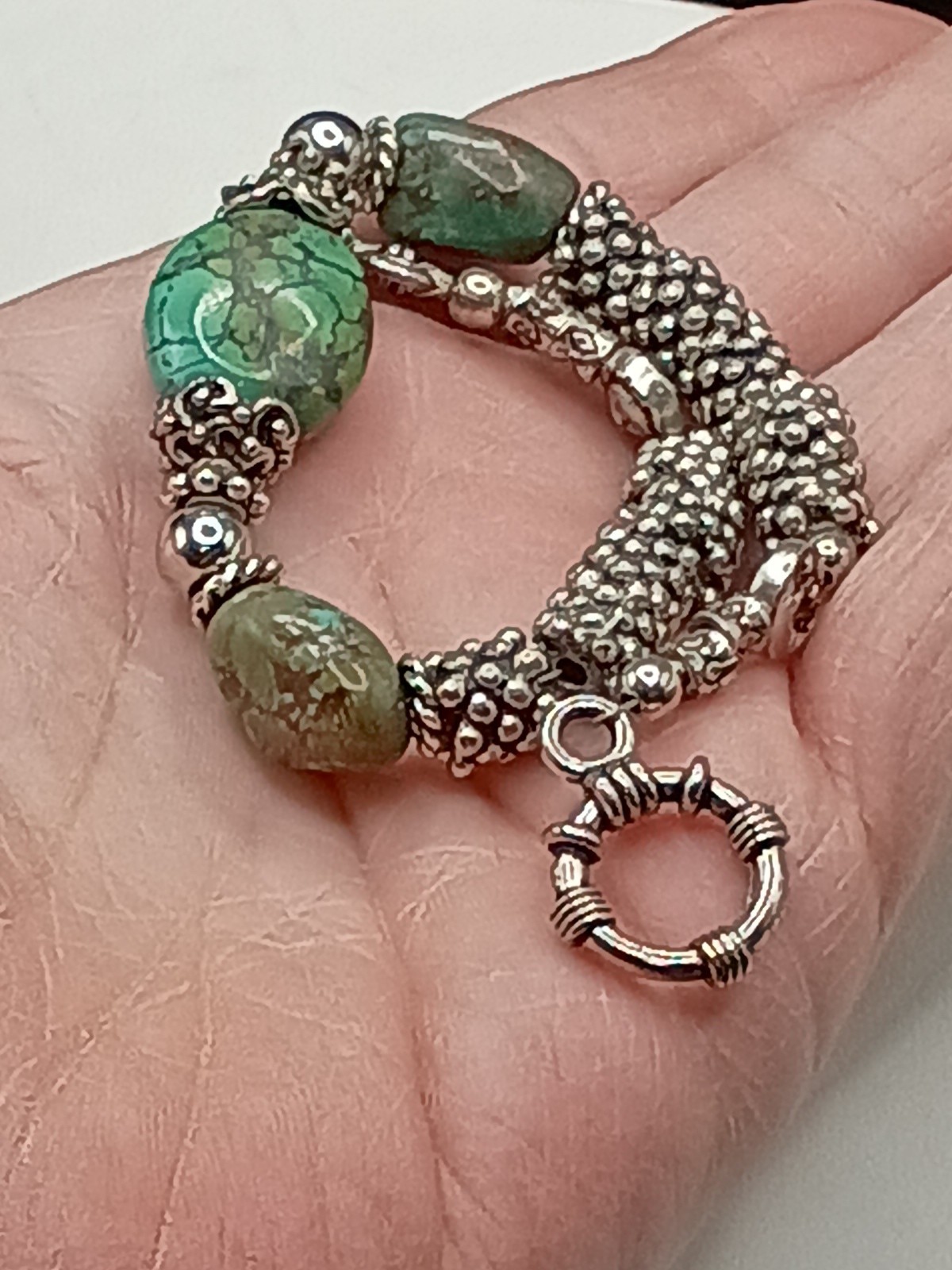 Vintage Green Turquoise Nugget Silver Bracelet Sz 7.75 Untested Popcorn Bead 40g