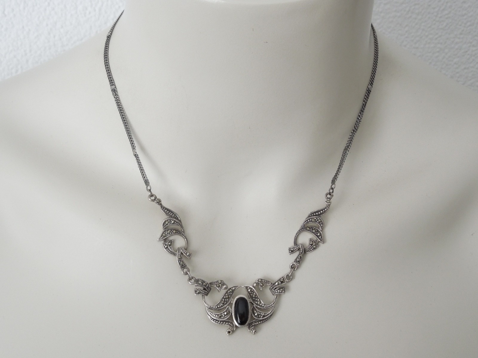 925 Silver Necklace Collar With Markasites Onyx Black Vintage 13.0 G/45 Cm