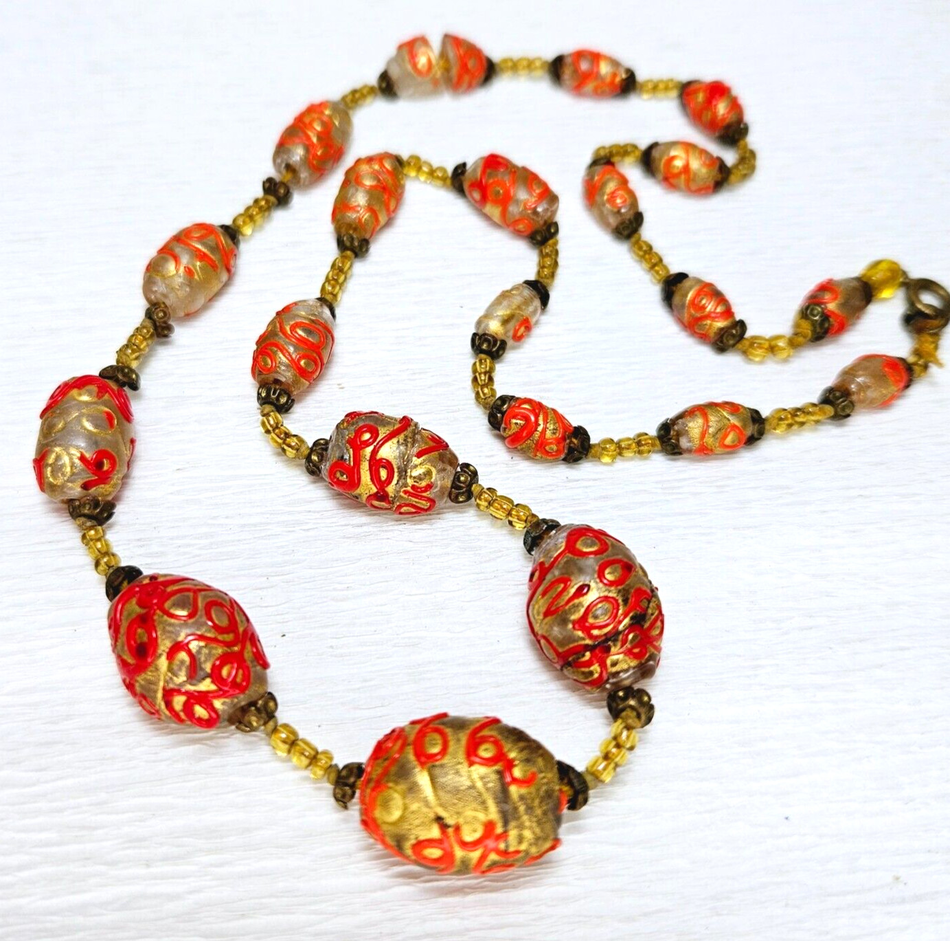 Antique Venetian Necklace Vibrant Red Looping Design Over 24k Foil Glass Bead