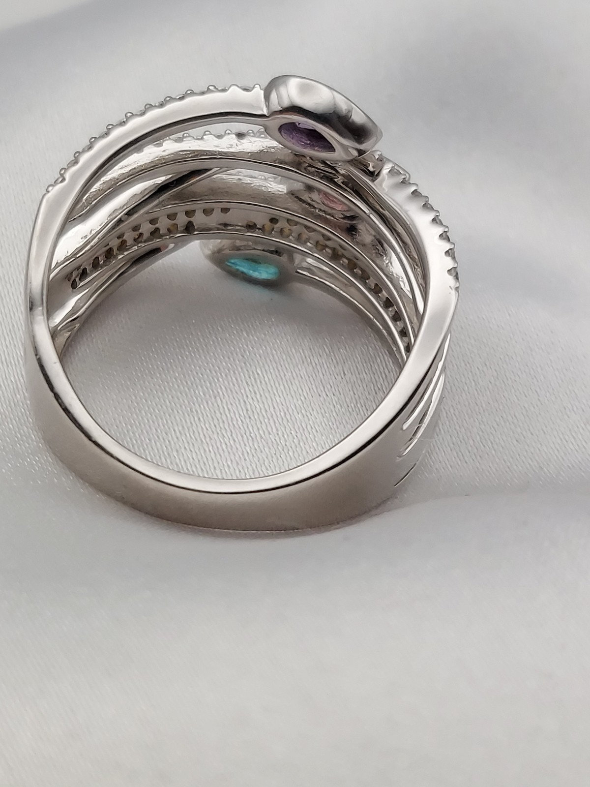 Vintage PJM 6Band Sterling Crystal Muti Color Pear Cut Gemstones Ring 5.9Gr Sz8