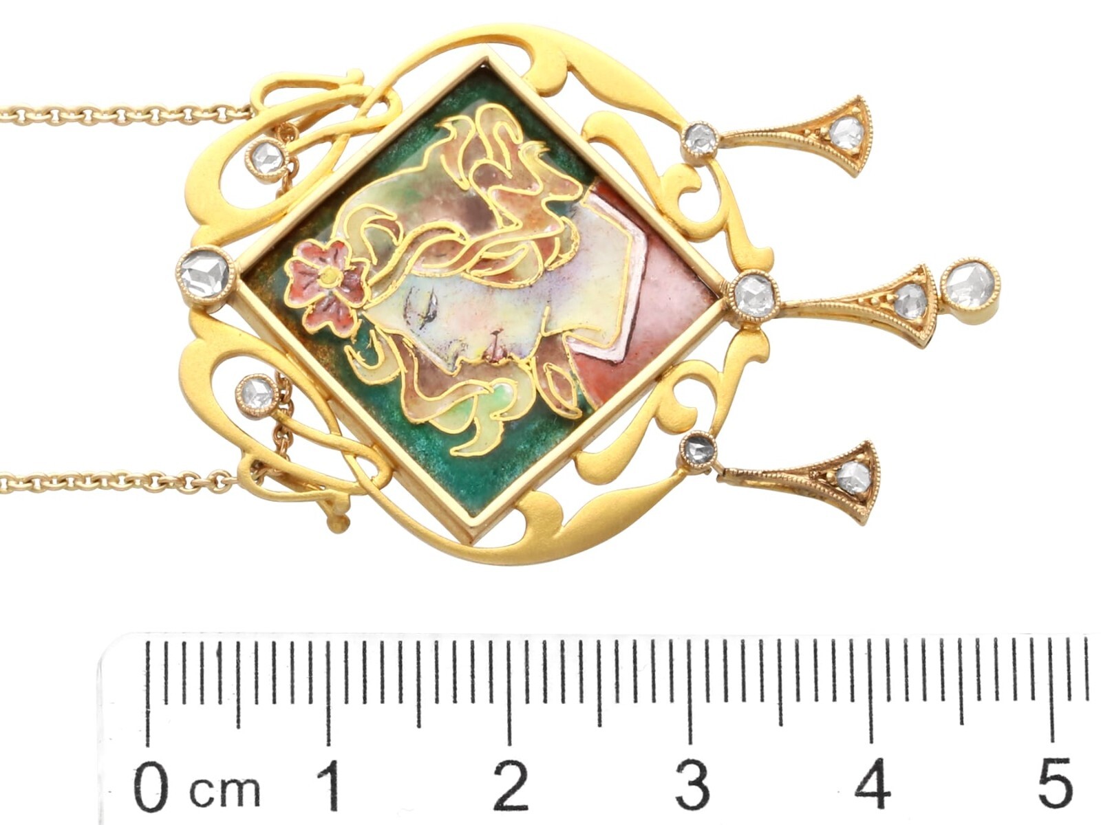 Art Nouveau 0.35Ct Diamond, Enamel and 18k Yellow Gold Pendant Circa 1910