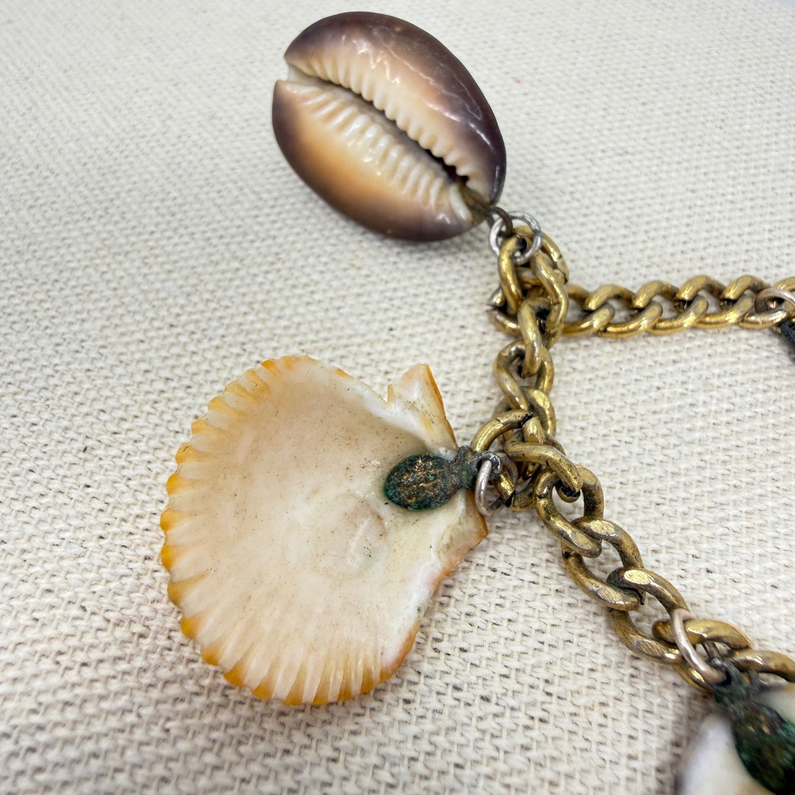 Sea Shell Charm Bracelet Vintage Natural Gold Tone Curb Chain Boho Coastal