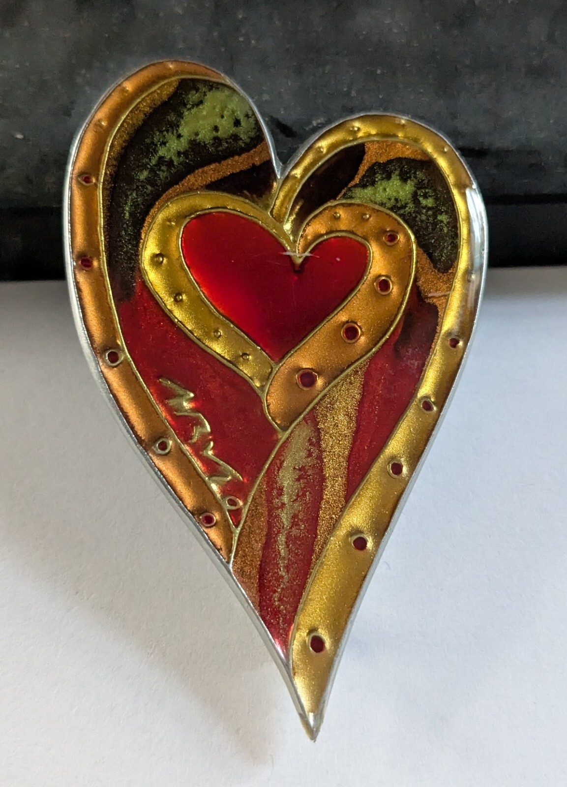 Rare Rachel Arvio Large Resin On Metal Heart Art Brooch Pin