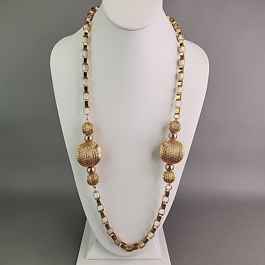 Vintage Mesh Ball Necklace Chunky Gold Tone Linked Chain 31″