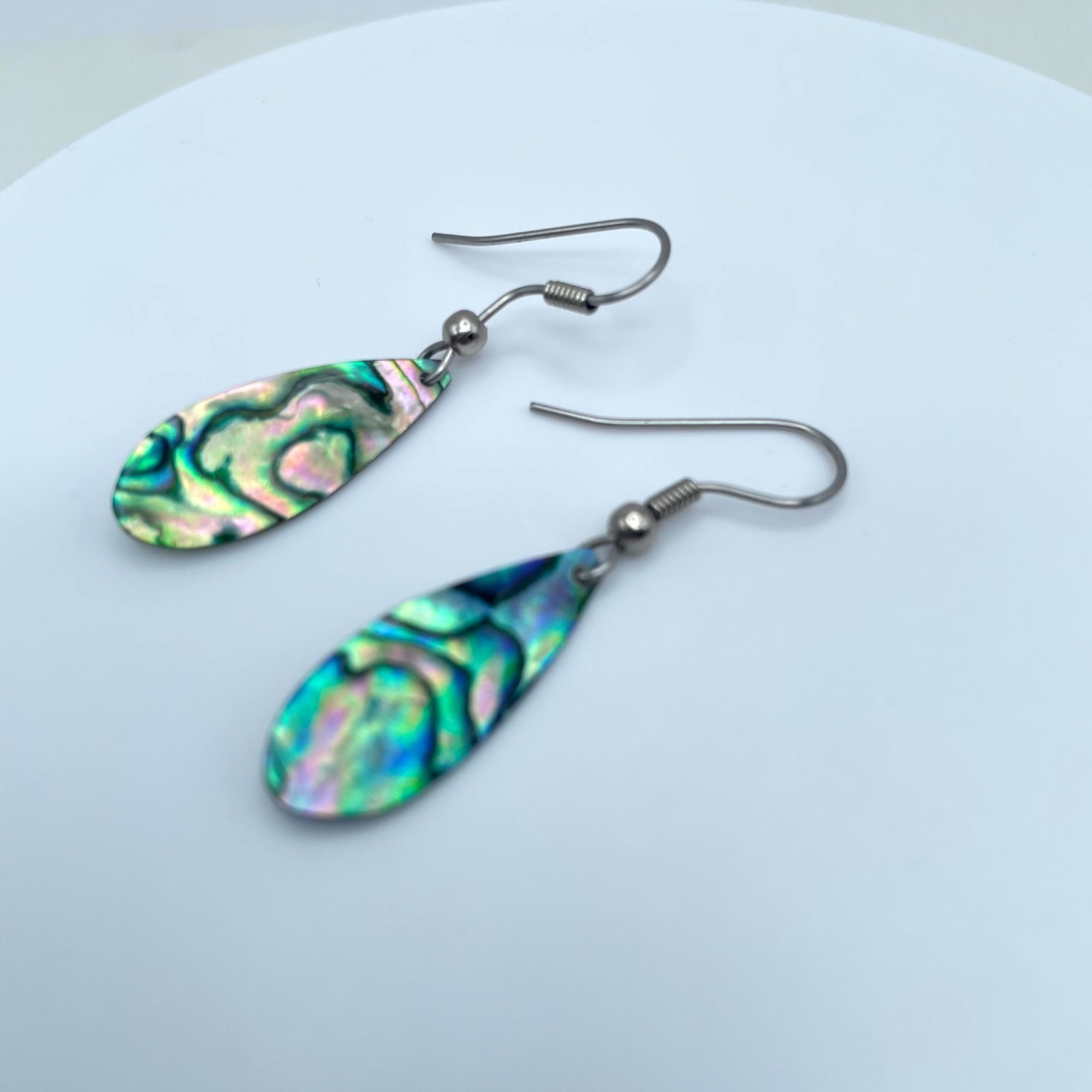 Vintage Silver-Tone Iridescent Paua Abalone Shell Teardrop Drop Hook Earrings