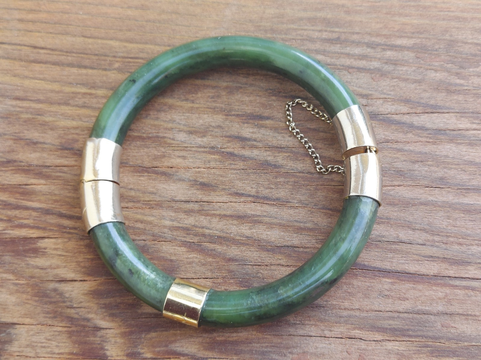Lovely Hinge Jade Bangle Bracelet Dark Green Jadeite Pale Gold Tone Vintage