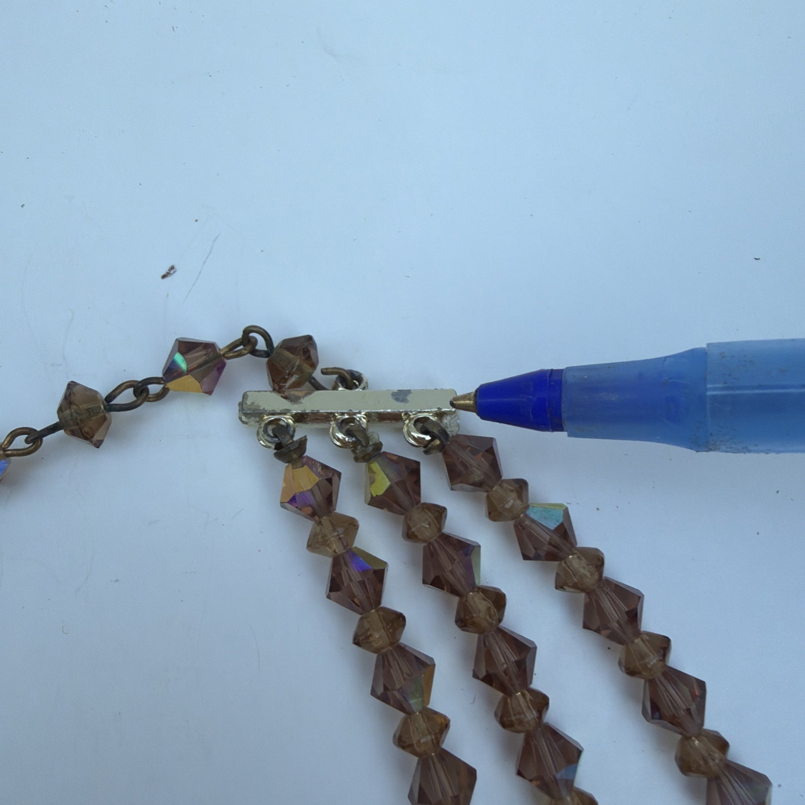 Vintage Graduated Iridescent Three Strand Champagne Bicone Crystal Bead Necklace