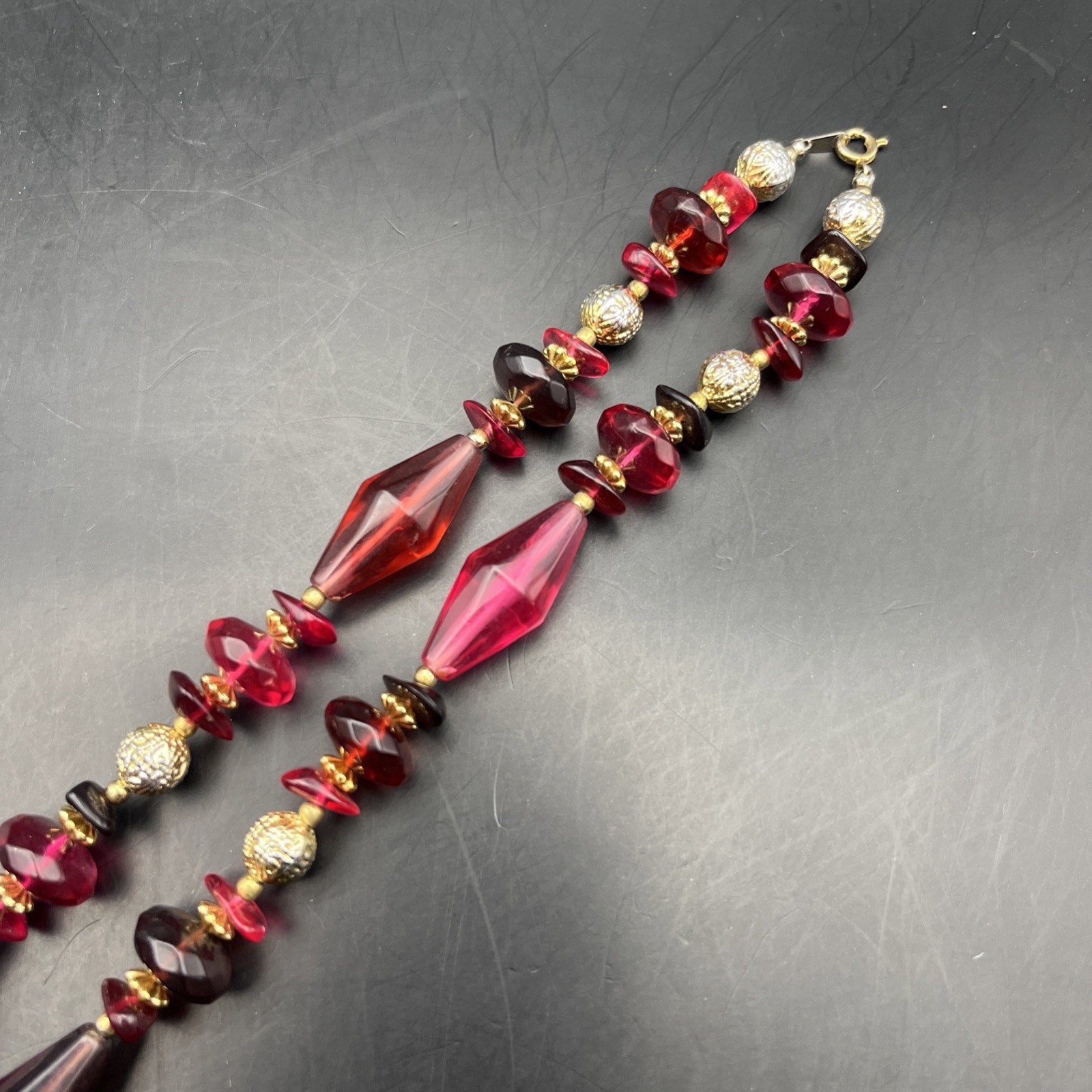 Pink Red Lucite Bead Necklace Long 30 Inch Purple Gold Tone Colorful Vintage
