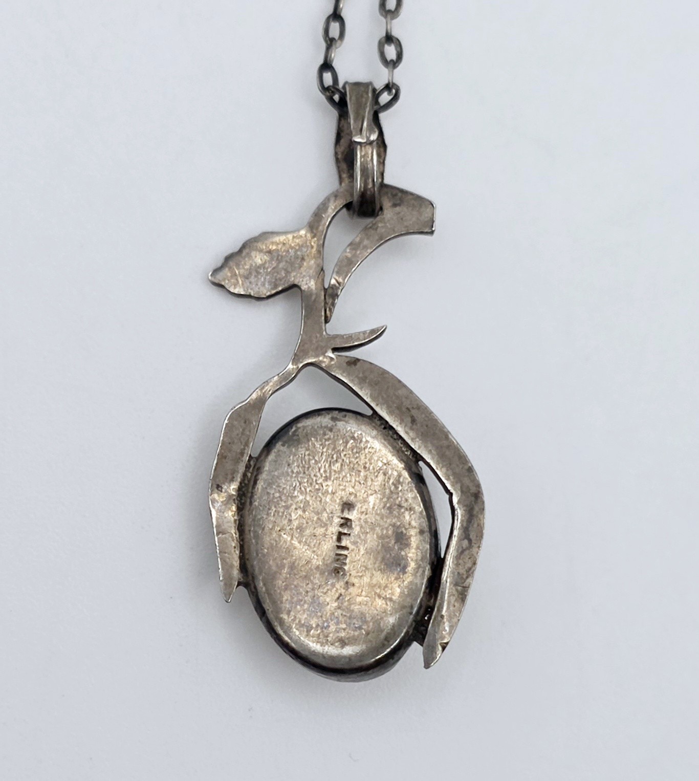 Vintage Art Nouveau Sterling Silver Blister Pearl Leaf Vine Pendant Necklace 925