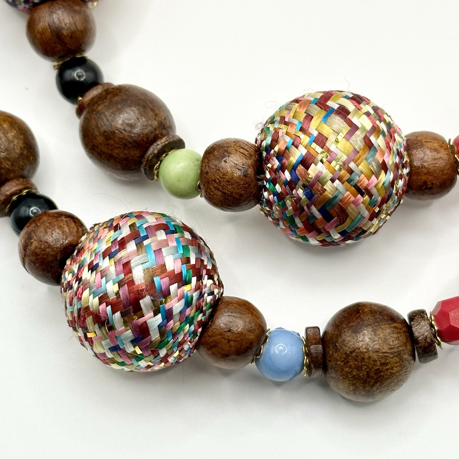Vintage Multi-Color Boho Wood Statement Necklace Woven Bead 37”