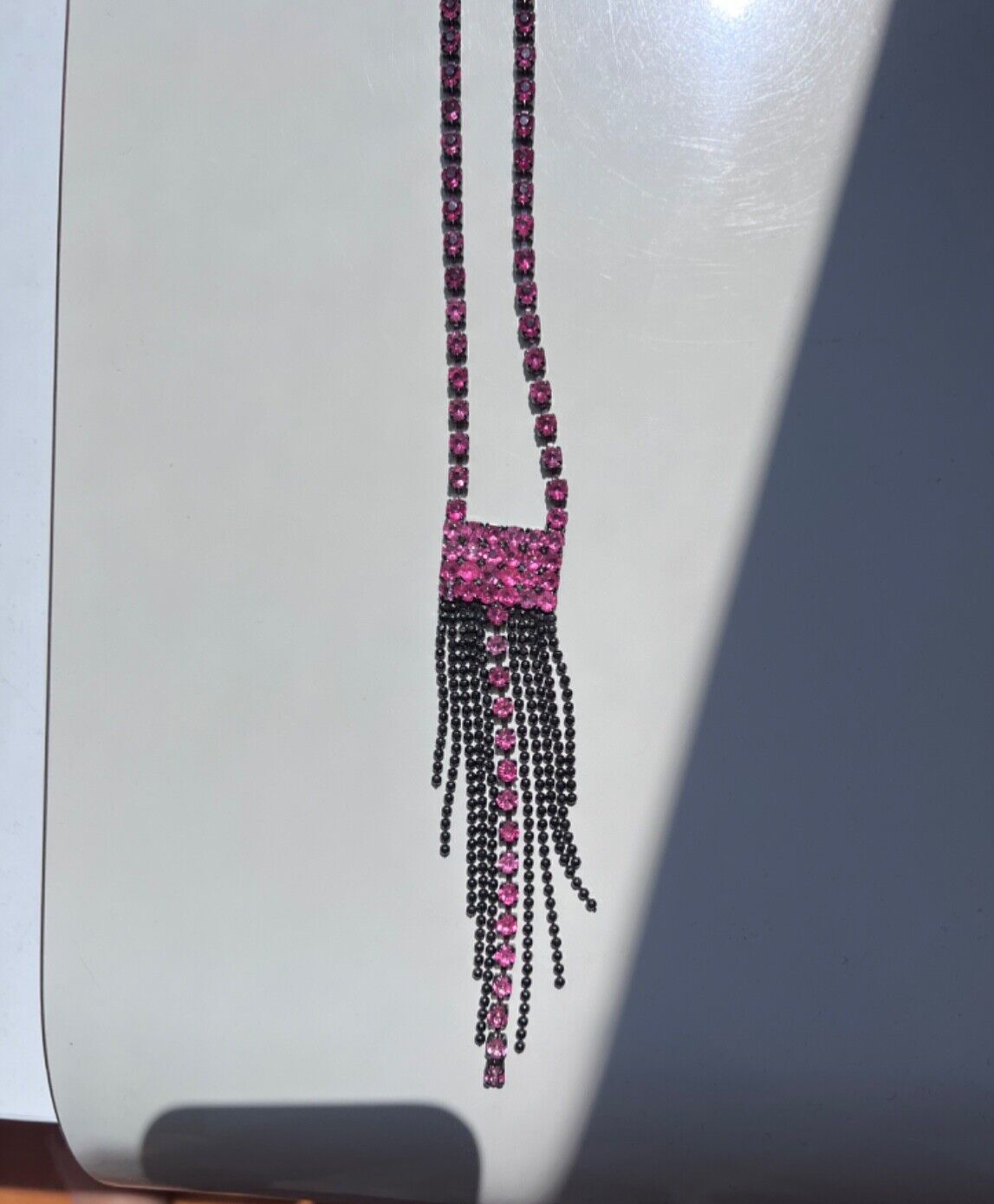Vintage pink rhinestone gunmetal fringe necklace 90s 00s adjustable 14.5-18 in