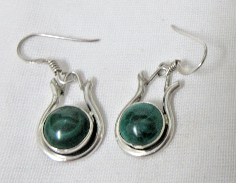 Vintage Sterling Silver Malachite Dangle Pierced Earrings
