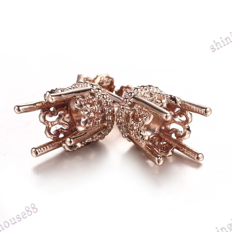 Solid 10k Rose Gold Earrings 7mm Round Cut Mount Vintage Engrave Prong Setting