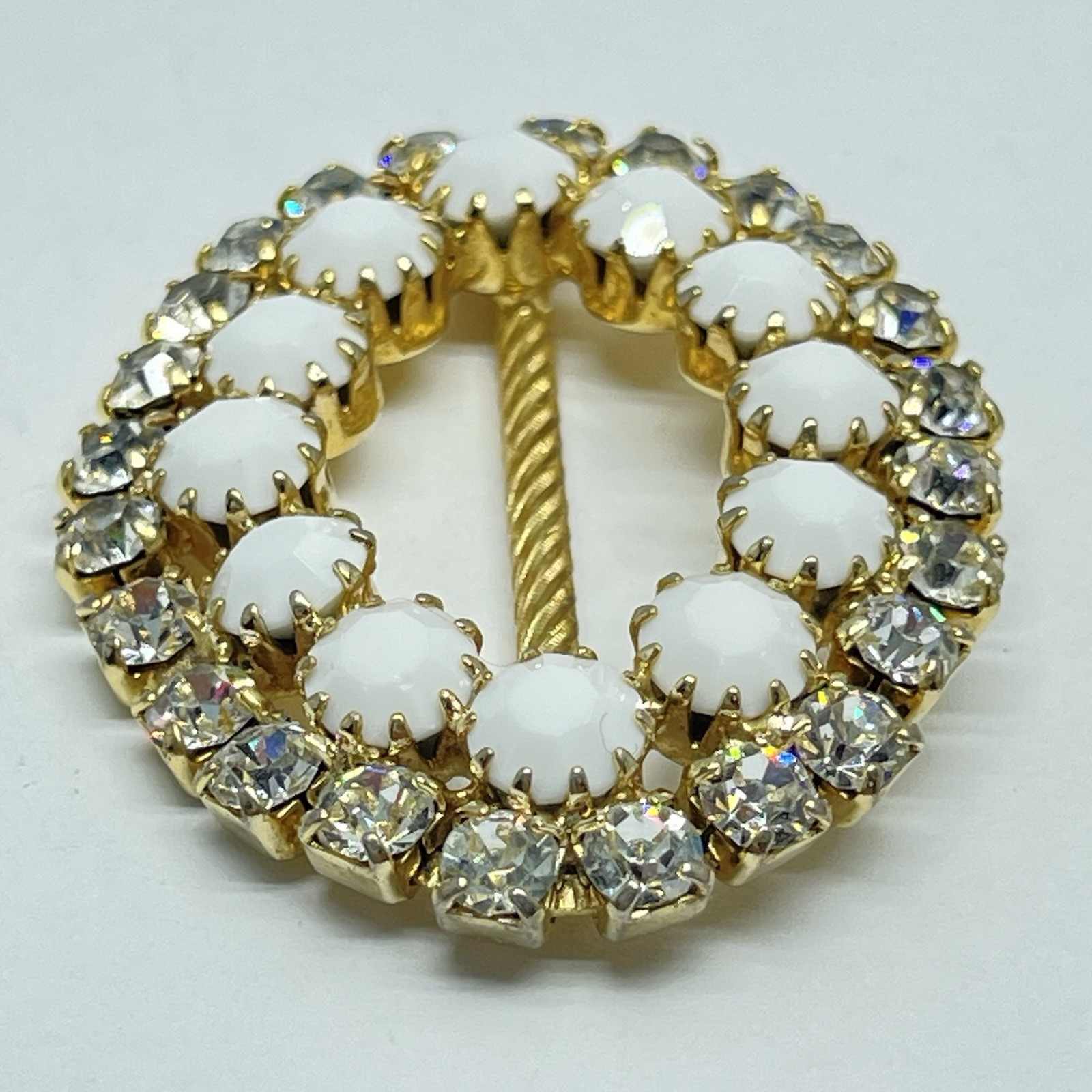 Vintage Gold Tone Oval Scarf Slide Rhinestones And Faceted Milk Stones