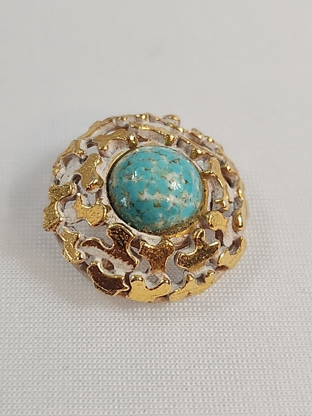VTG Signed Zentall Antiqued Gold Tone Brooch Pin Stone Cabochon