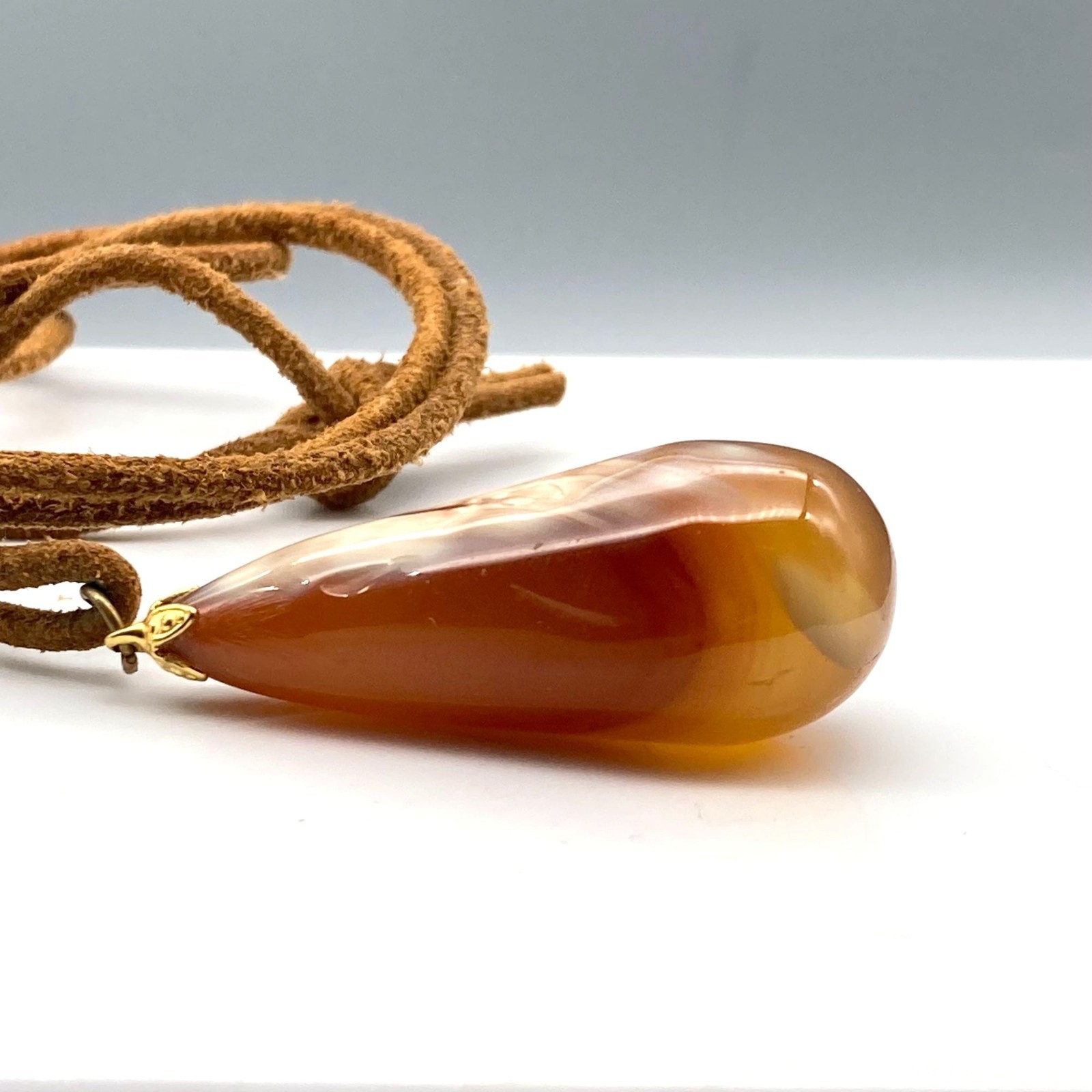 Vintage Carnelian Faceted Teardrop Pendant Necklace, Natural Polished Gemstone