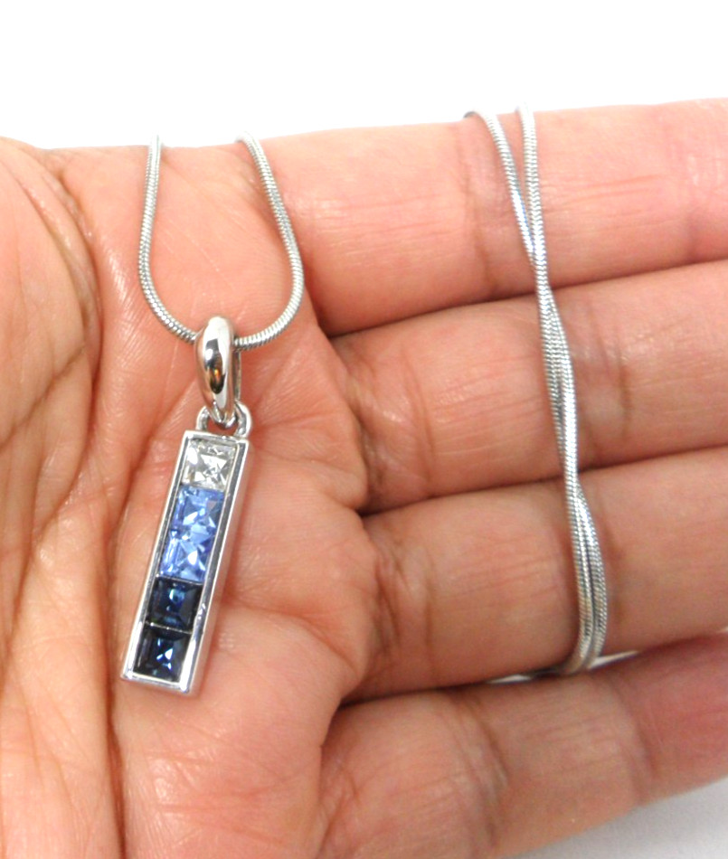 Lia Sophia Bar Pendant Necklace Teal Blue Crystal Zen Snake Chain Choker Vtg