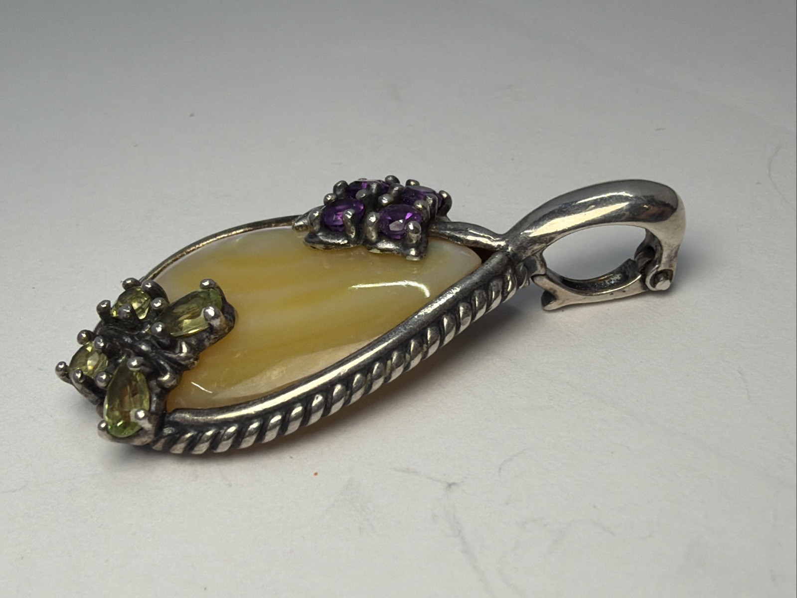 Vtg Carolyn Pollack Relios Mother Pearl Multi stone Flower Butterfly Pendant 925