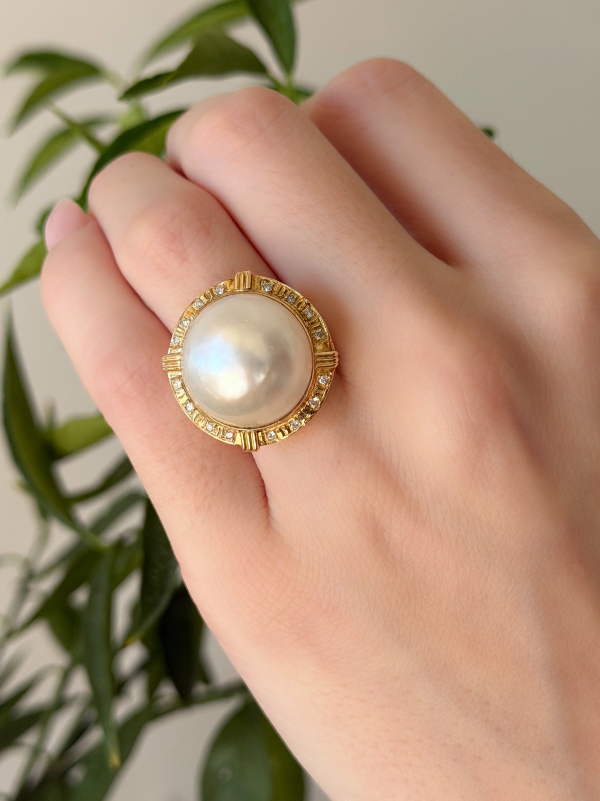 Vintage Mabe Pearl Diamond Cocktail Ring 14k Yellow Gold Size 5.75 17.5mm RG4747