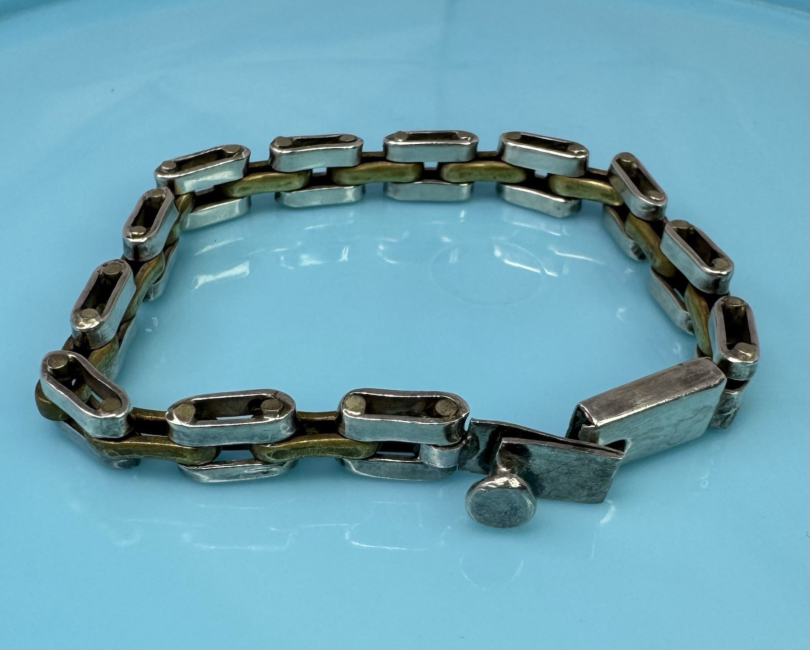 7” Vintage Sterling Silver Brass Taxco Mexico Chain Bracelet Link Tight Clasp 27