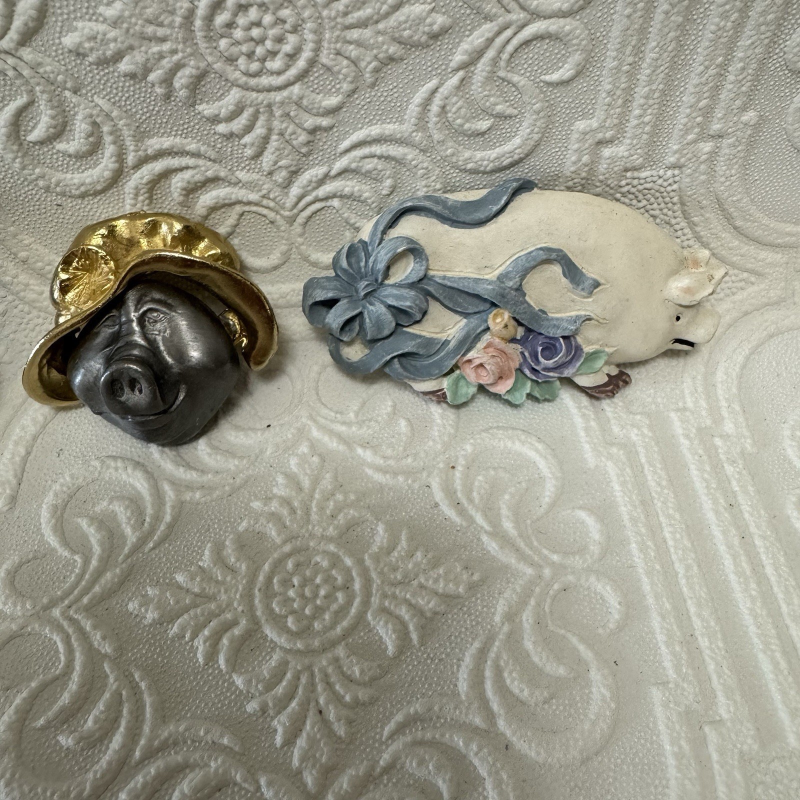 Vintage Pig Brooch Pins *Lot Of 5* Some Signed JJ Silver Tone Pewter Ceramic 3D